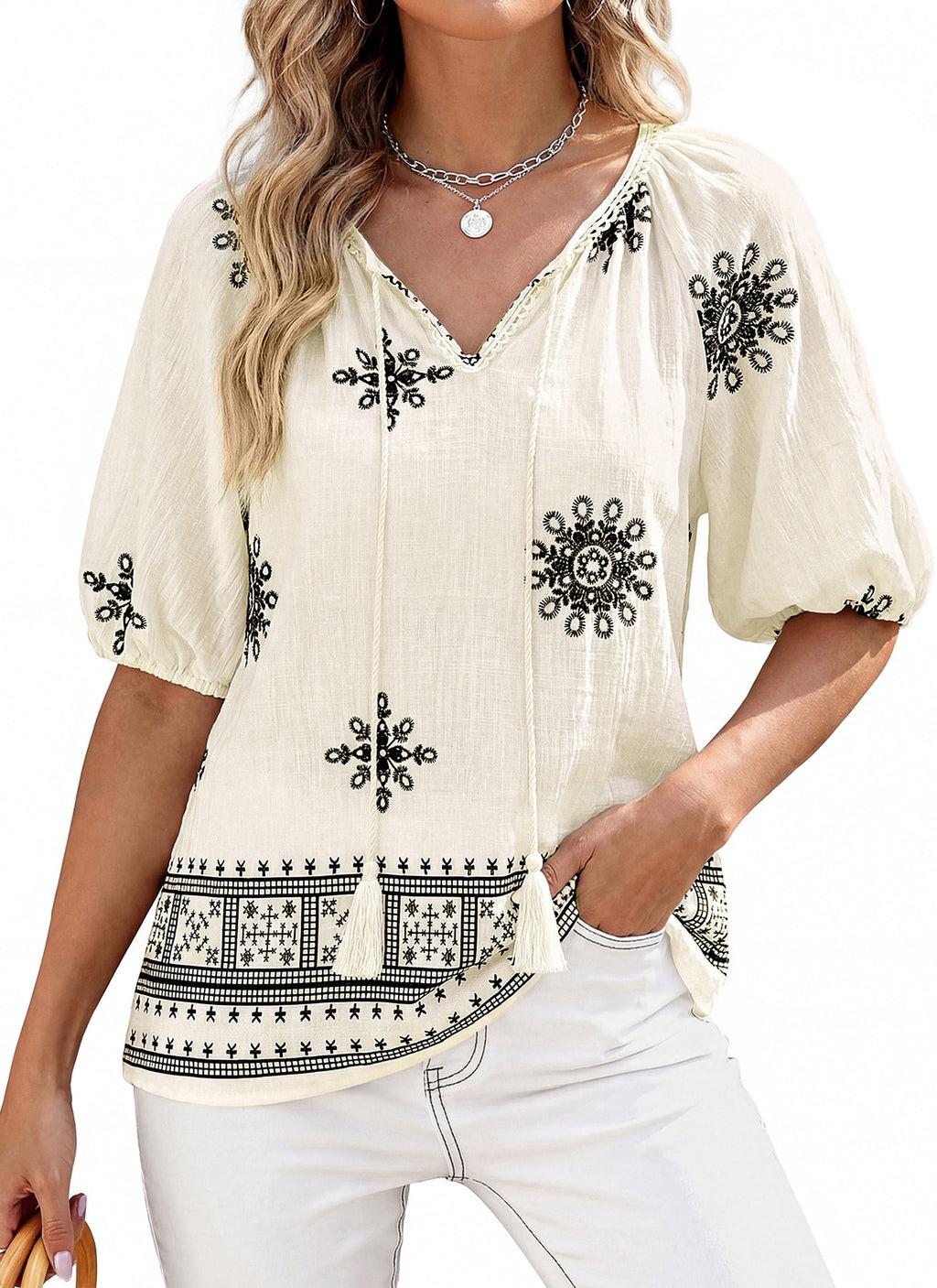 CFLONGE Womens Summer Boho Tops Casual Puff Short Sleeve Blouses V Neck Floral Shirts Loose Tie Front Flowy Vacation Clothes