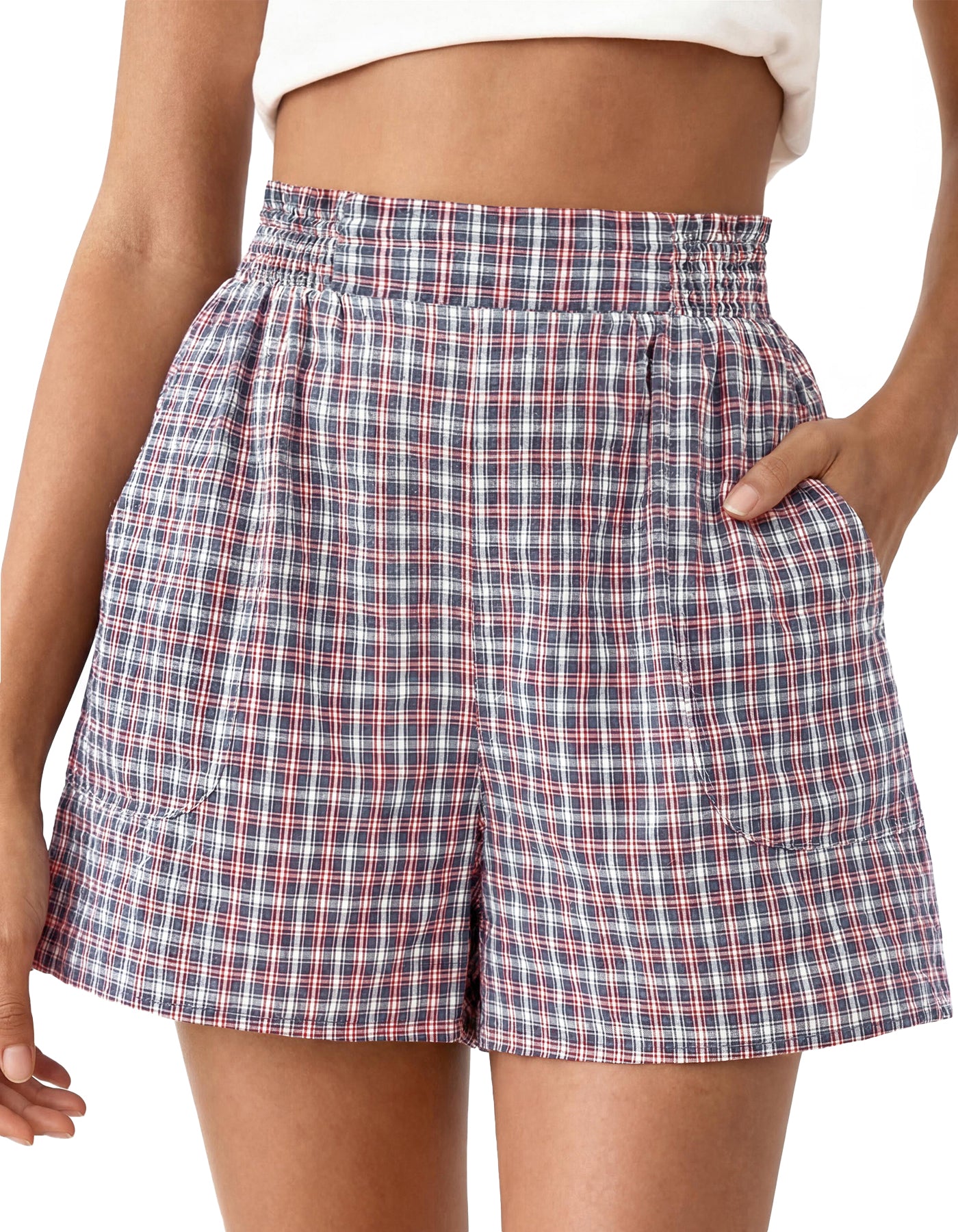 CFLONGE Boxer Shorts for Women Gingham Pajama Lounge Sleep Casual Plaid Shorts Y2k Summer Clothes Beach Bottoms with Pockets
