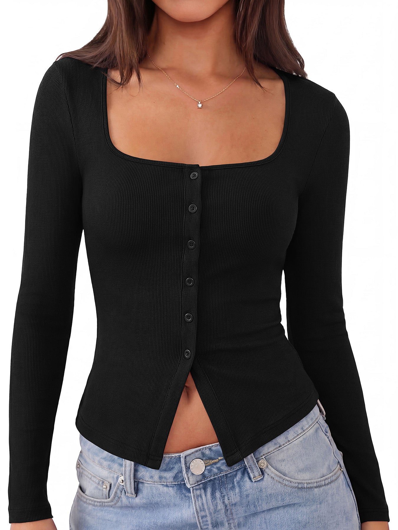 CFLONGE Women Ribbed Long Sleeve Shirts Button Cardigan Tops | Square Neck, Button Down, Regular Length, Cute Fitted Cardigans, Trendy Going Out Tops, Y2k Fashion, Fall & Winter Layering