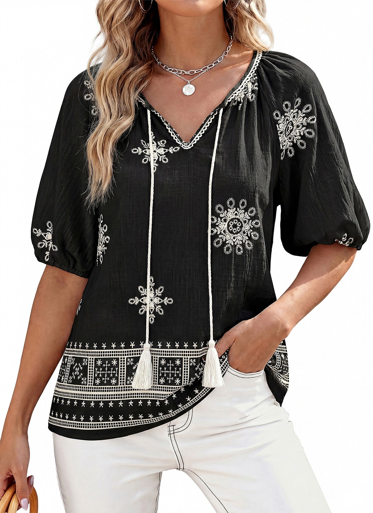 CFLONGE Womens Summer Boho Tops Casual Puff Short Sleeve Blouses V Neck Floral Shirts Loose Tie Front Flowy Vacation Clothes