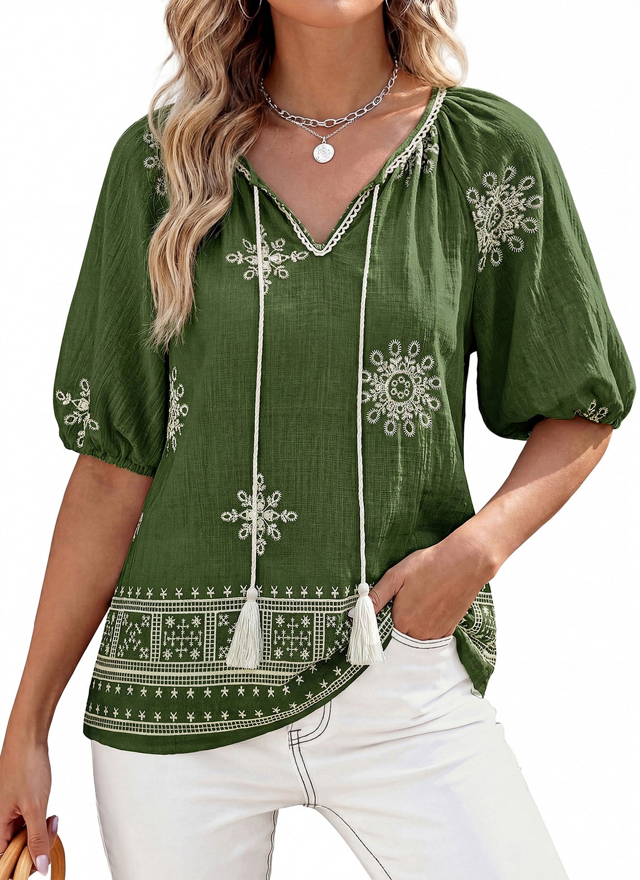 CFLONGE Womens Summer Boho Tops Casual Puff Short Sleeve Blouses V Neck Floral Shirts Loose Tie Front Flowy Vacation Clothes