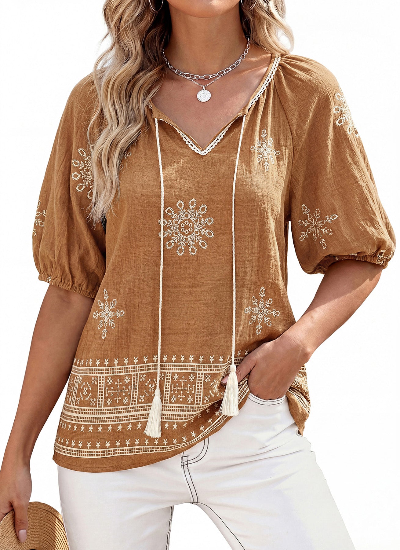 CFLONGE Womens Summer Boho Tops Casual Puff Short Sleeve Blouses V Neck Floral Shirts Loose Tie Front Flowy Vacation Clothes
