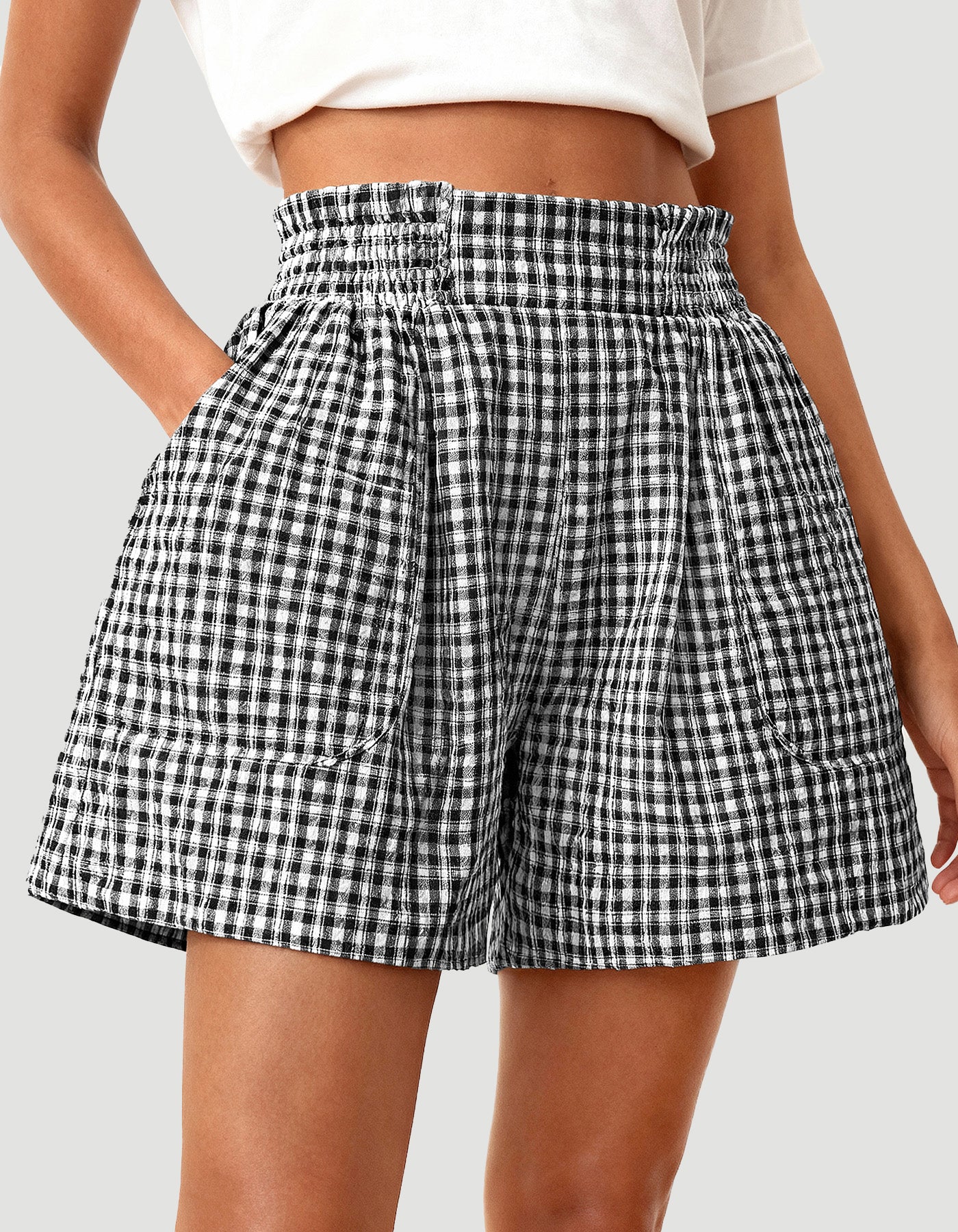 CFLONGE Boxer Shorts for Women Gingham Pajama Lounge Sleep Casual Plaid Shorts Y2k Summer Clothes Beach Bottoms with Pockets