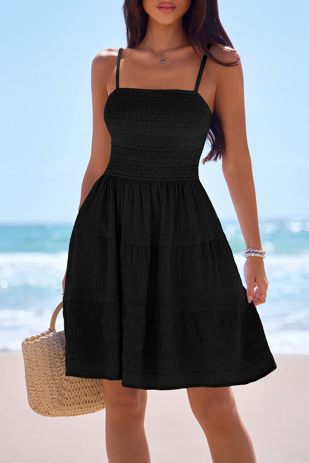 CFLONGE Womens Sleeveless Smocked Mini Dress Flowy Cute Summer Dresses Boho Spaghetti Strap Tiered A Line Casual Sundress