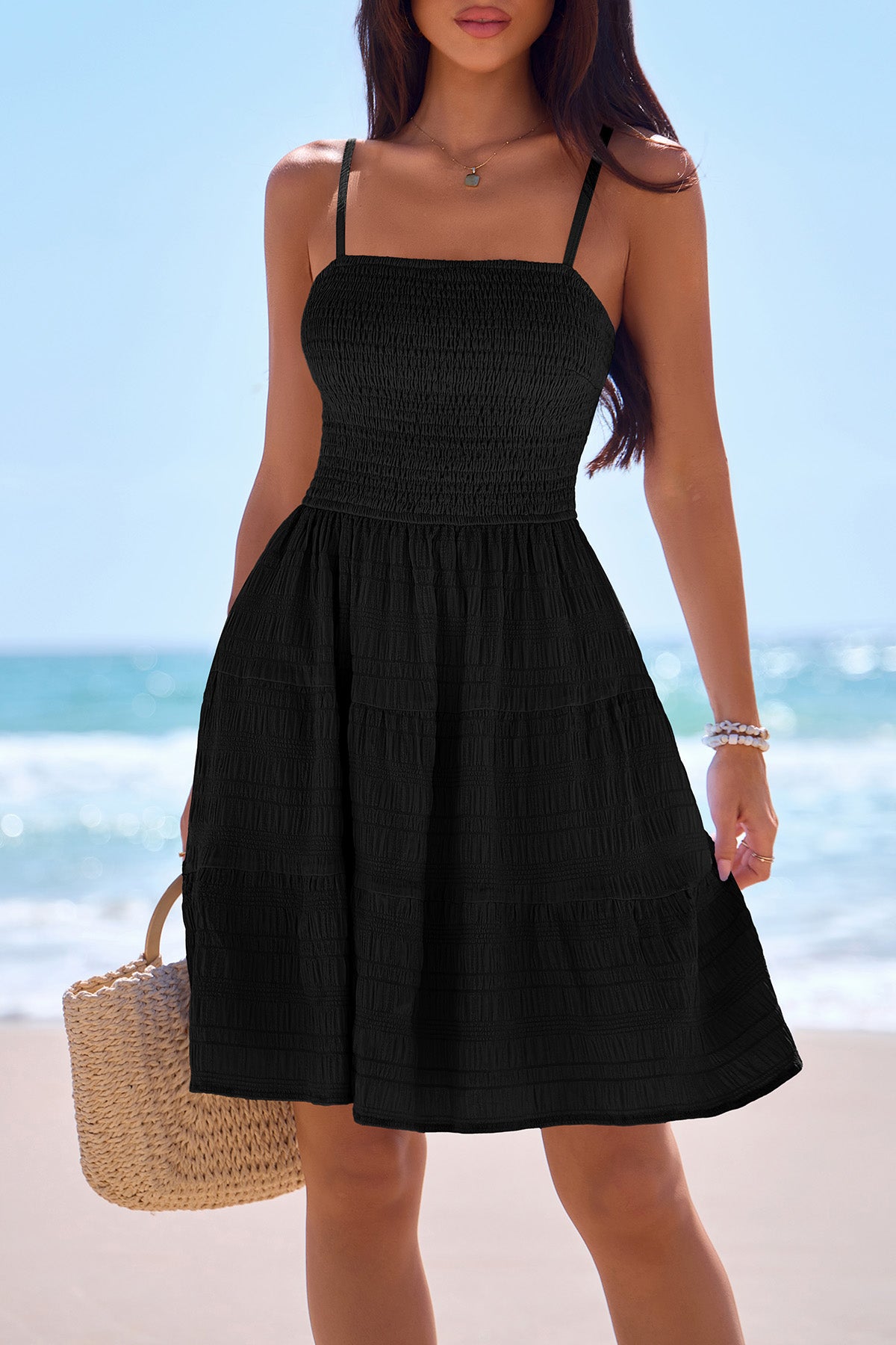 CFLONGE Womens Sleeveless Smocked Mini Dress Flowy Cute Summer Dresses Boho Spaghetti Strap Tiered A Line Casual Sundress