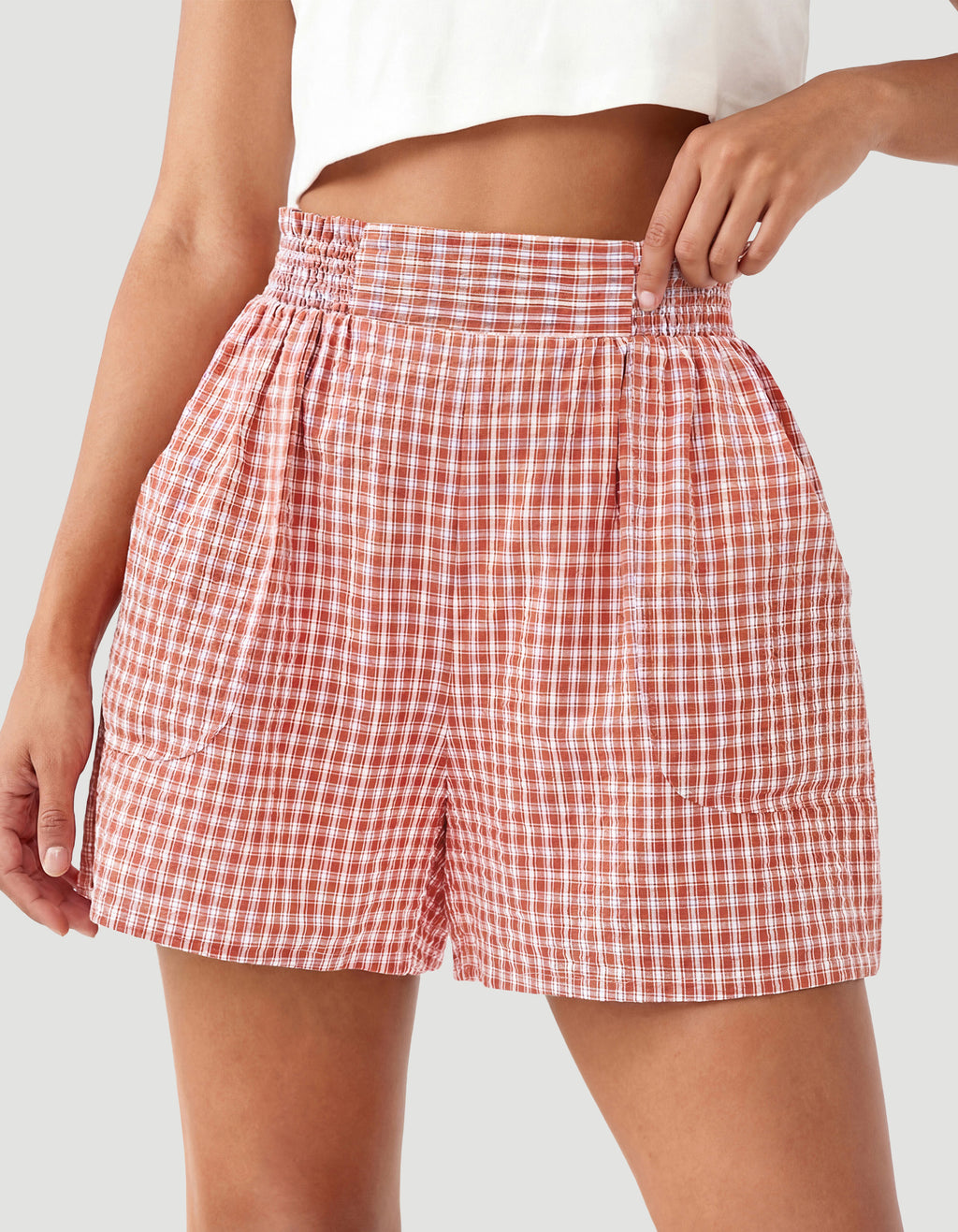 CFLONGE Boxer Shorts for Women Gingham Pajama Lounge Sleep Casual Plaid Shorts Y2k Summer Clothes Beach Bottoms with Pockets