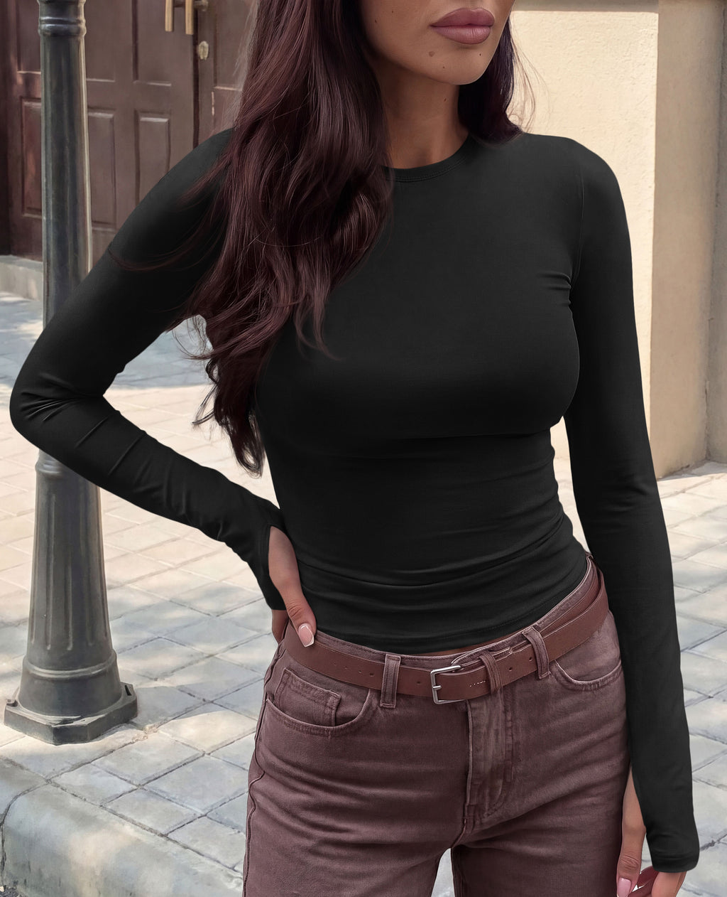 CFLONGE Womens Long Sleeve Shirts with Thumb Holes Slim Fitted Crop Tops Casual Crewneck Basic Tees Fall Fashion Y2K Clothes