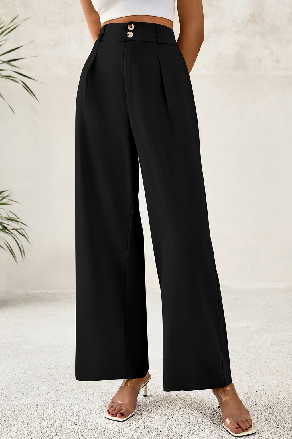 CFLONGE Women Wide Leg Dress Pants High Waist Work Trousers Button Pleated Slacks Palazzo Pants Business Casual Outfits