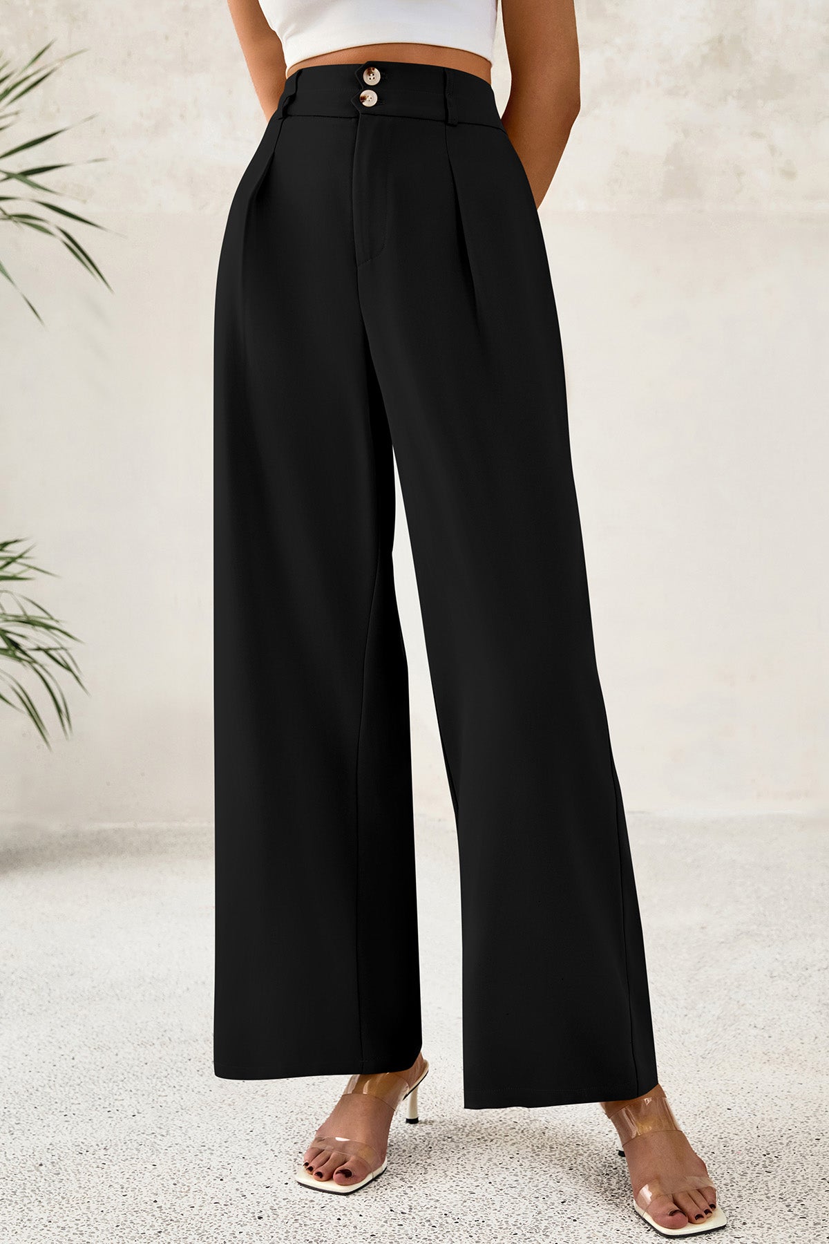 CFLONGE Women Wide Leg Dress Pants High Waist Work Trousers Button Pleated Slacks Palazzo Pants Business Casual Outfits