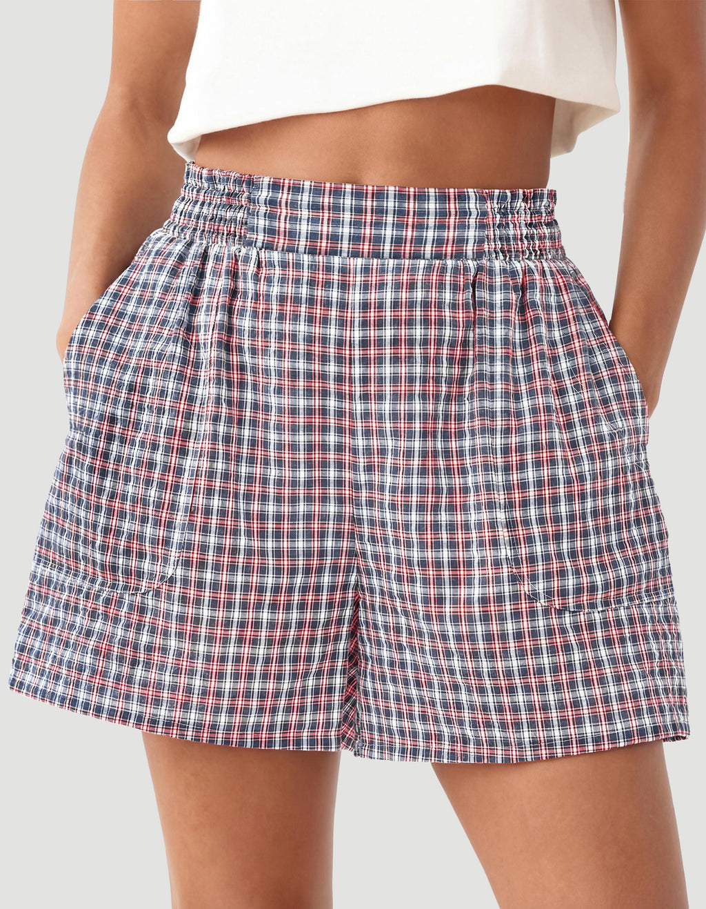CFLONGE Boxer Shorts for Women Gingham Pajama Lounge Sleep Casual Plaid Shorts Y2k Summer Clothes Beach Bottoms with Pockets