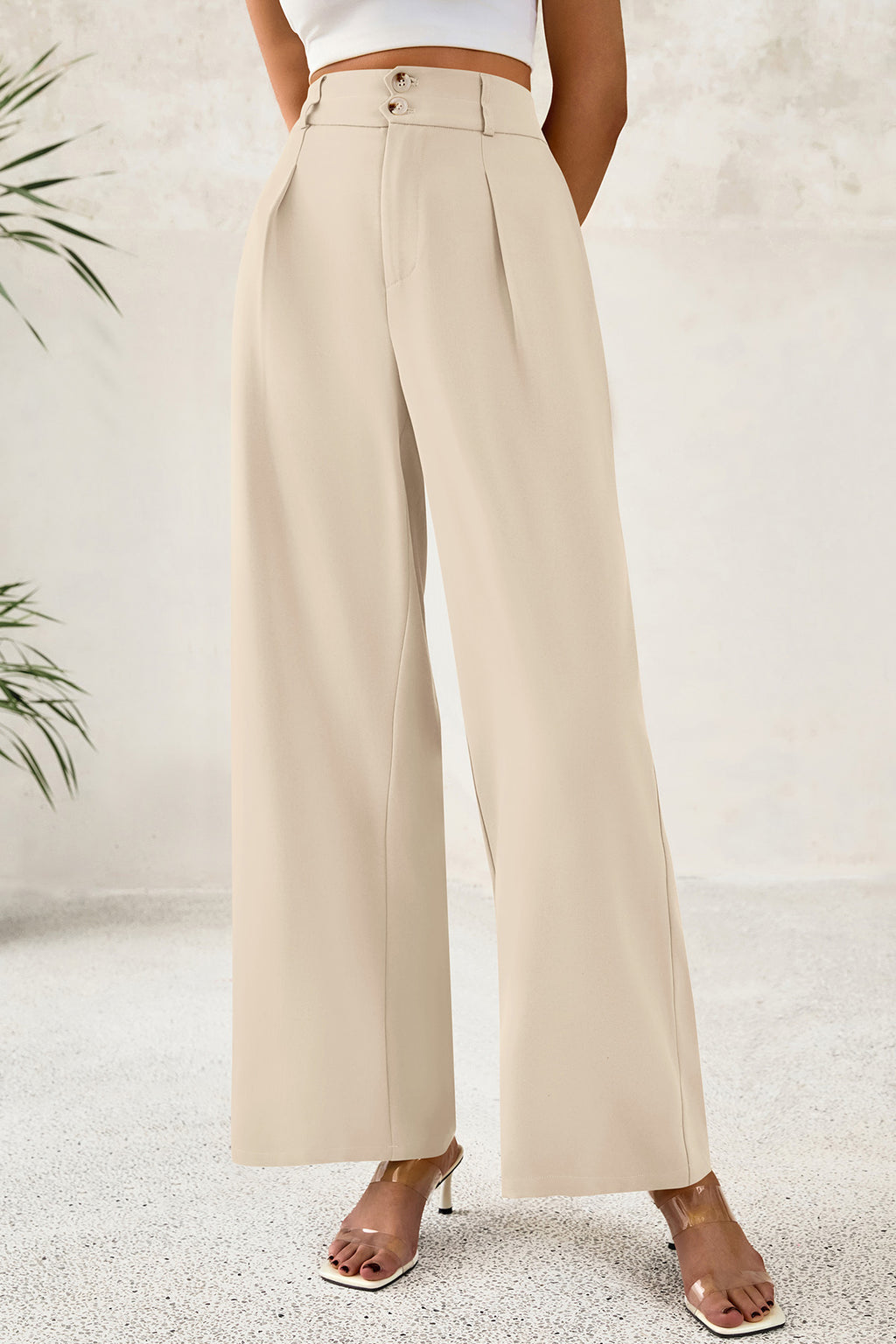 CFLONGE Women Wide Leg Dress Pants High Waist Work Trousers Button Pleated Slacks Palazzo Pants Business Casual Outfits