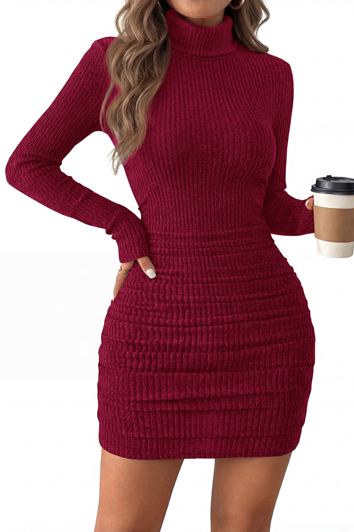 CFLONGE Womens Fall Long Sleeve Bodycon Mini Sweater Dress | Lightweight, Turtleneck Ribbed Knit Fall Dresses, Ruched Short Bodycon Dress, Slim Fitted Casual, Winter Date Night Outfit
