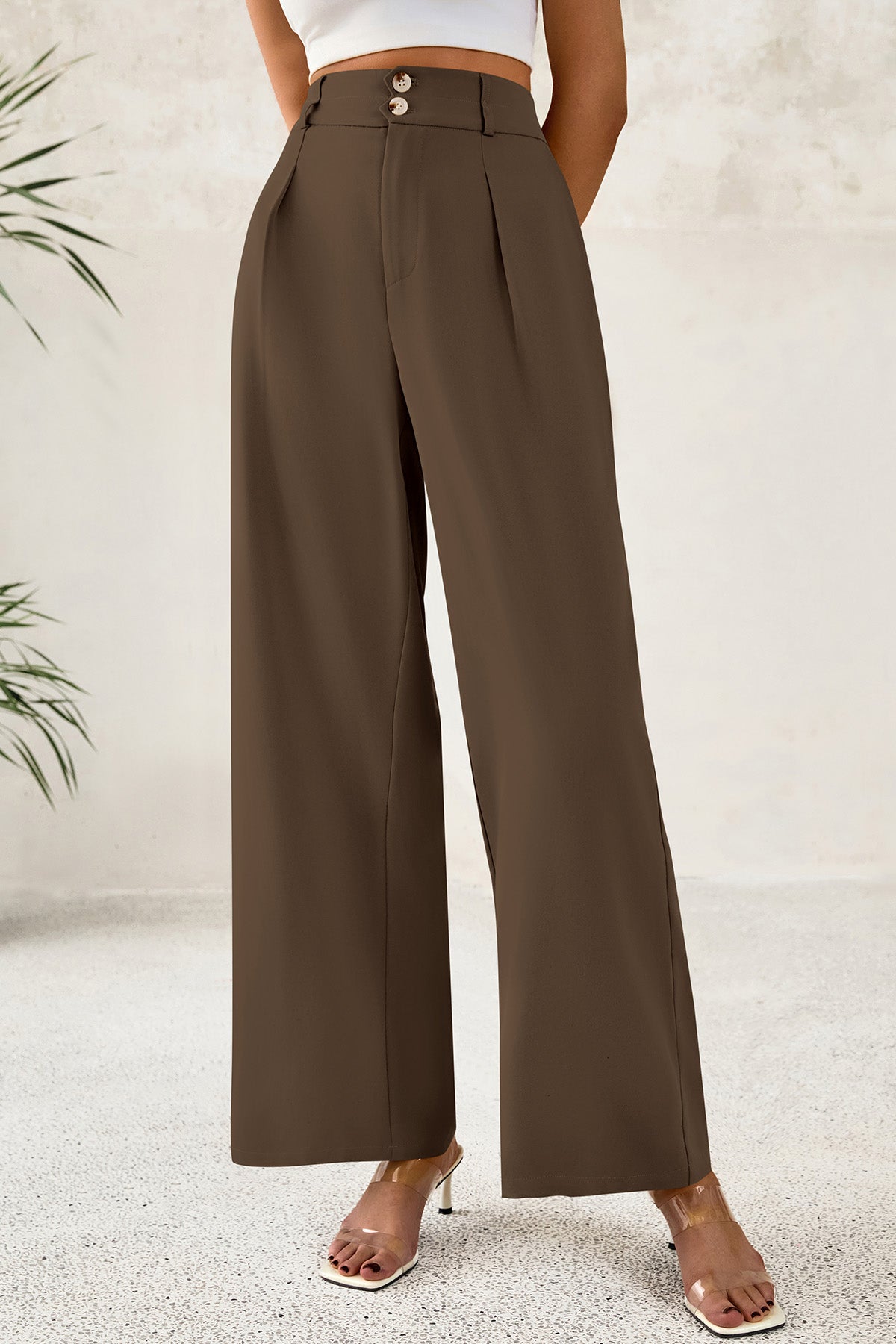 CFLONGE Women Wide Leg Dress Pants High Waist Work Trousers Button Pleated Slacks Palazzo Pants Business Casual Outfits