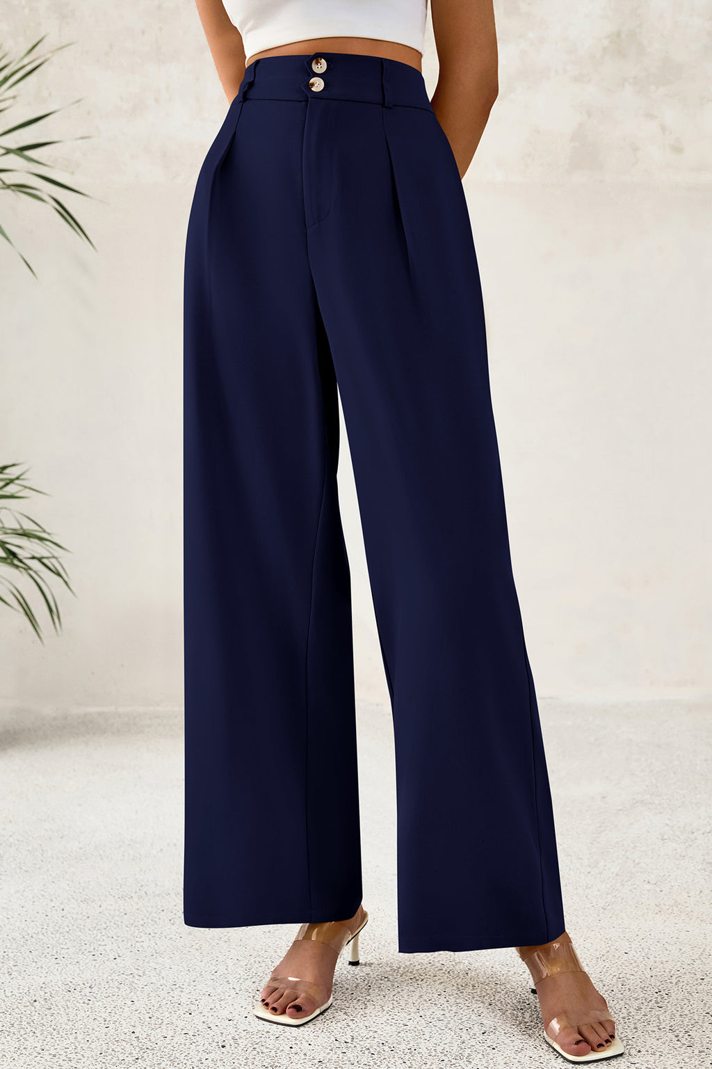 CFLONGE Women Wide Leg Dress Pants High Waist Work Trousers Button Pleated Slacks Palazzo Pants Business Casual Outfits