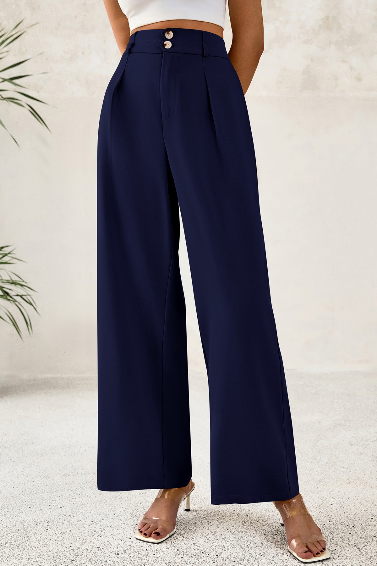 CFLONGE Women Wide Leg Dress Pants High Waist Work Trousers Button Pleated Slacks Palazzo Pants Business Casual Outfits