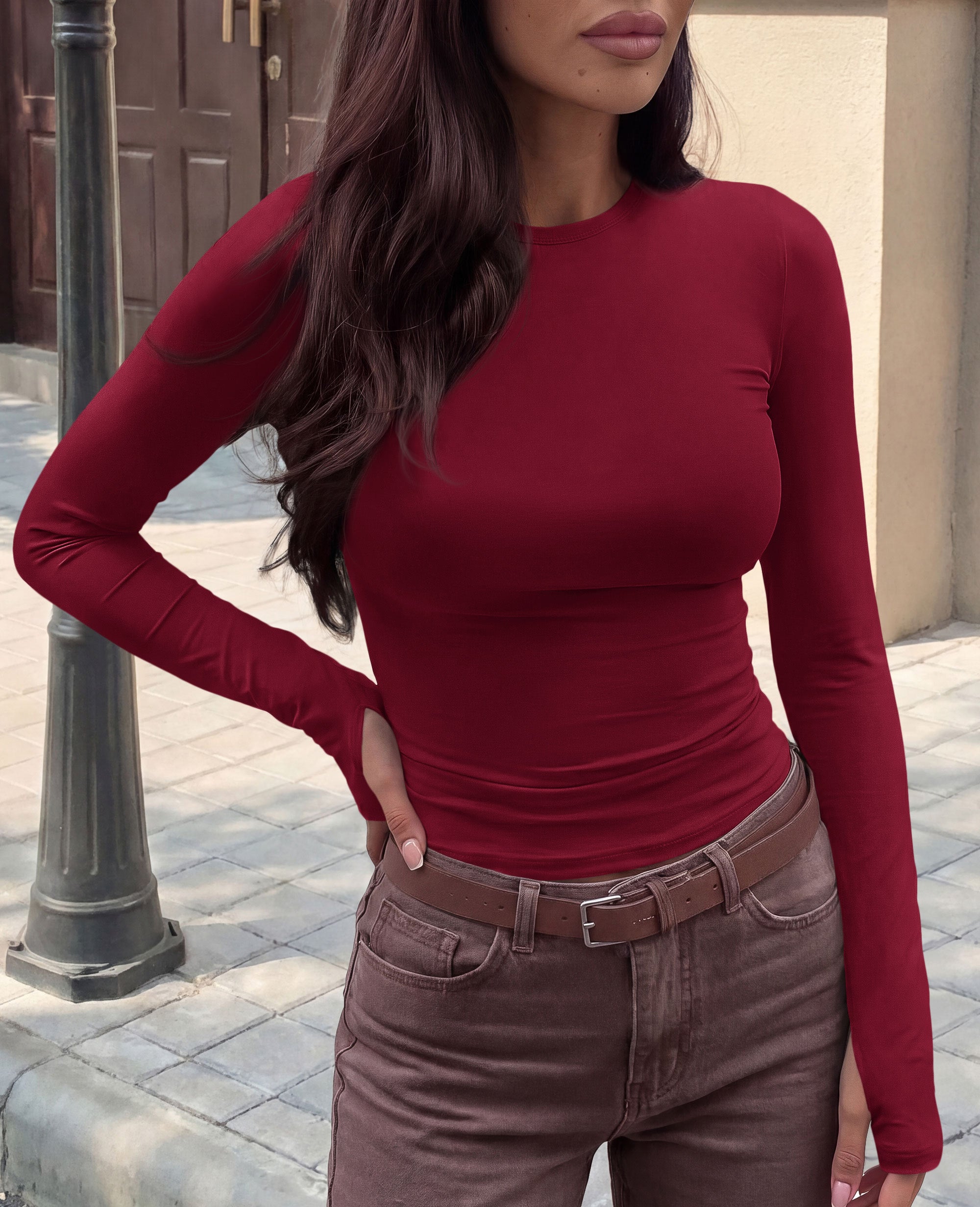 CFLONGE Womens Long Sleeve Shirts with Thumb Holes Slim Fitted Crop Tops Casual Crewneck Basic Tees Fall Fashion Y2K Clothes