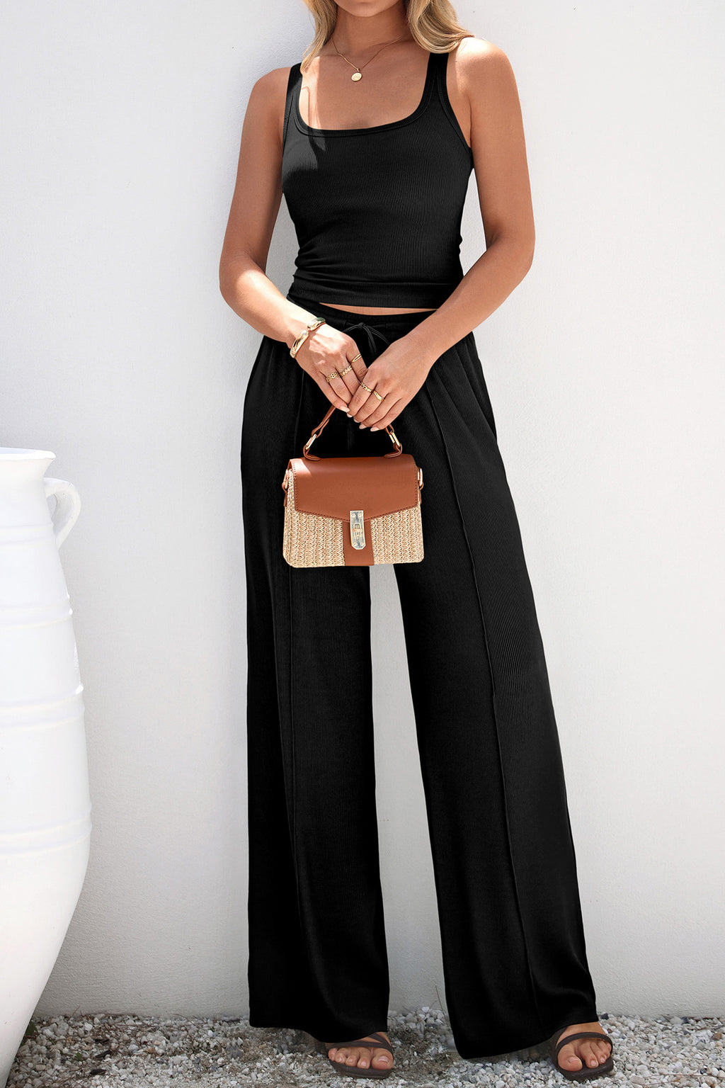 CFLONGE Summer Two Piece Sets for Women Casual Lounge Sets Tank Tops Wide Leg Pants Matching Set Travel Outfits Tracksuits