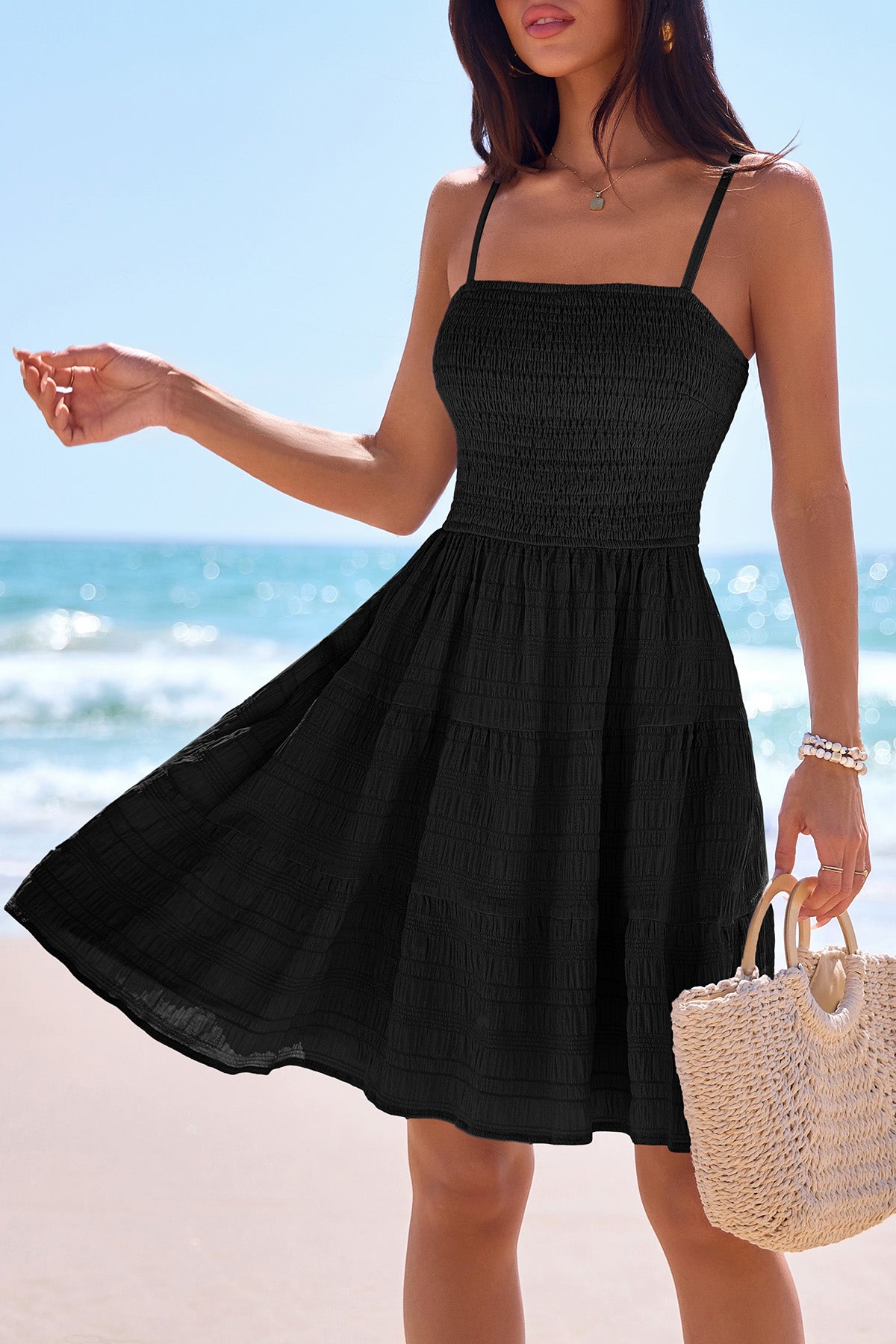 CFLONGE Womens Sleeveless Smocked Mini Dress Flowy Cute Summer Dresses Boho Spaghetti Strap Tiered A Line Casual Sundress