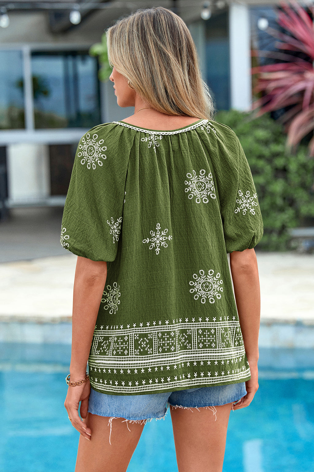 CFLONGE Womens Summer Boho Tops Casual Puff Short Sleeve Blouses V Neck Floral Shirts Loose Tie Front Flowy Vacation Clothes