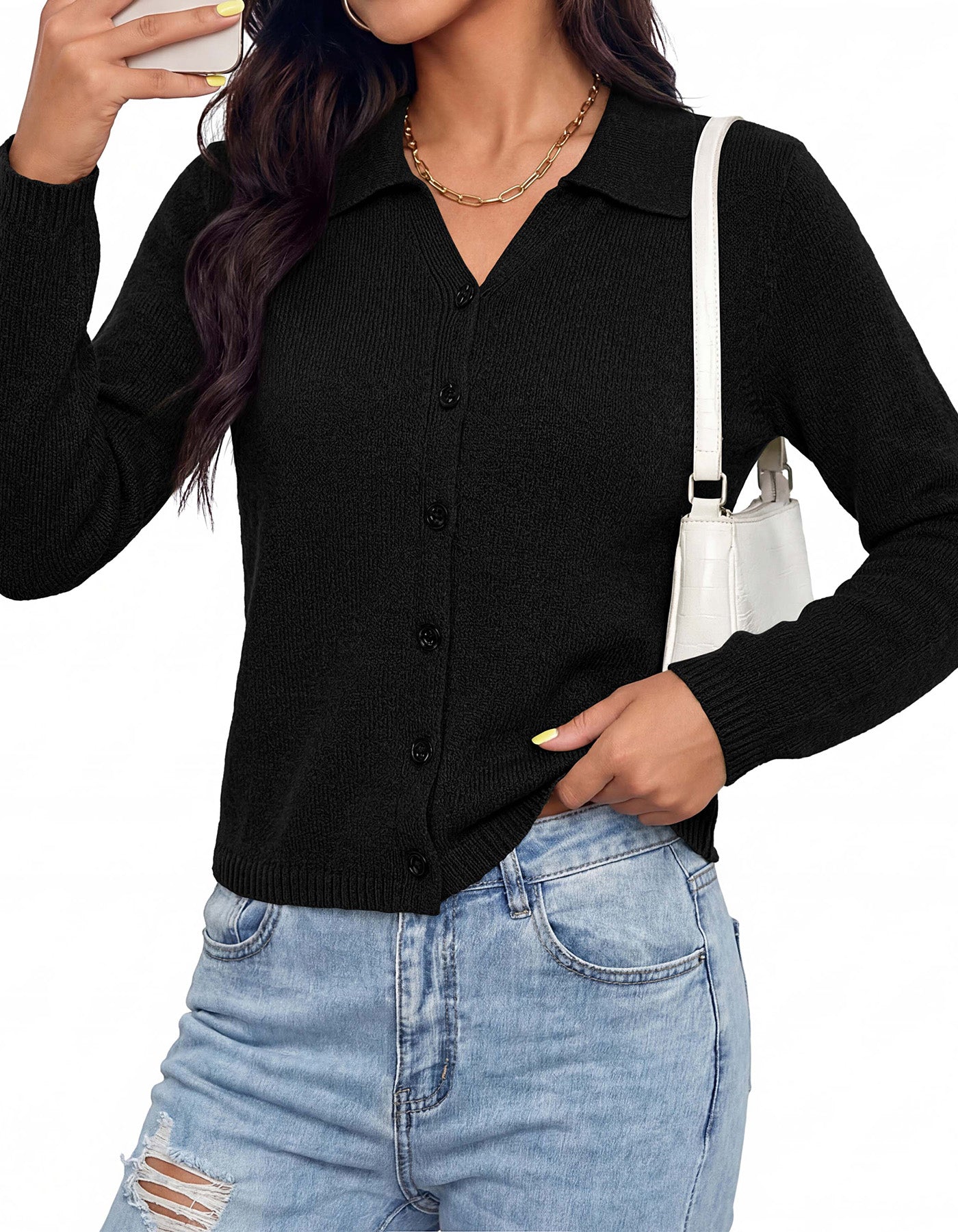 CFLONGE Womens Fall Lightweight Cardigan Button Down Sweaters | Lapel Collar, Open Front Cardigans, Loose Fit, Ribbed Cuffs, Knit Button Sweater, Early Fall Fashion, Business Casual Outfits