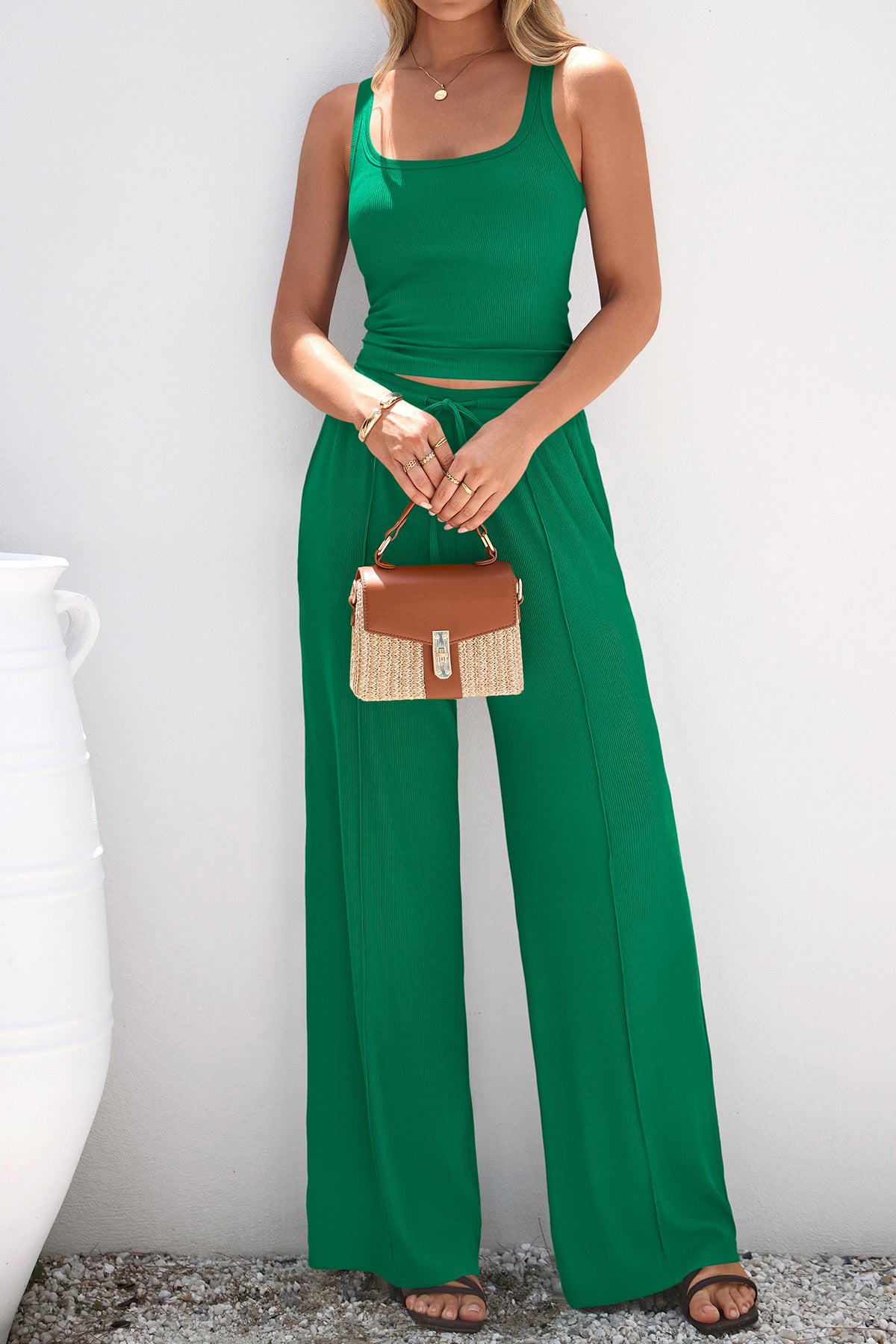 CFLONGE Summer Two Piece Sets for Women Casual Lounge Sets Tank Tops Wide Leg Pants Matching Set Travel Outfits Tracksuits