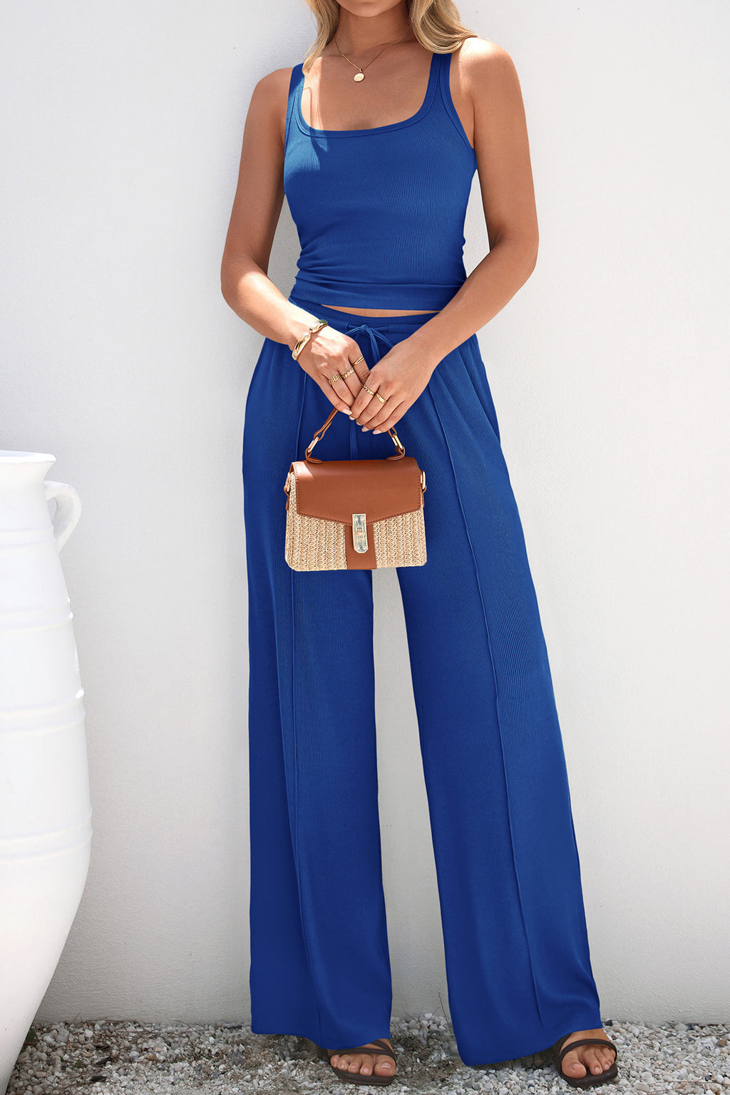 CFLONGE Summer Two Piece Sets for Women Casual Lounge Sets Tank Tops Wide Leg Pants Matching Set Travel Outfits Tracksuits