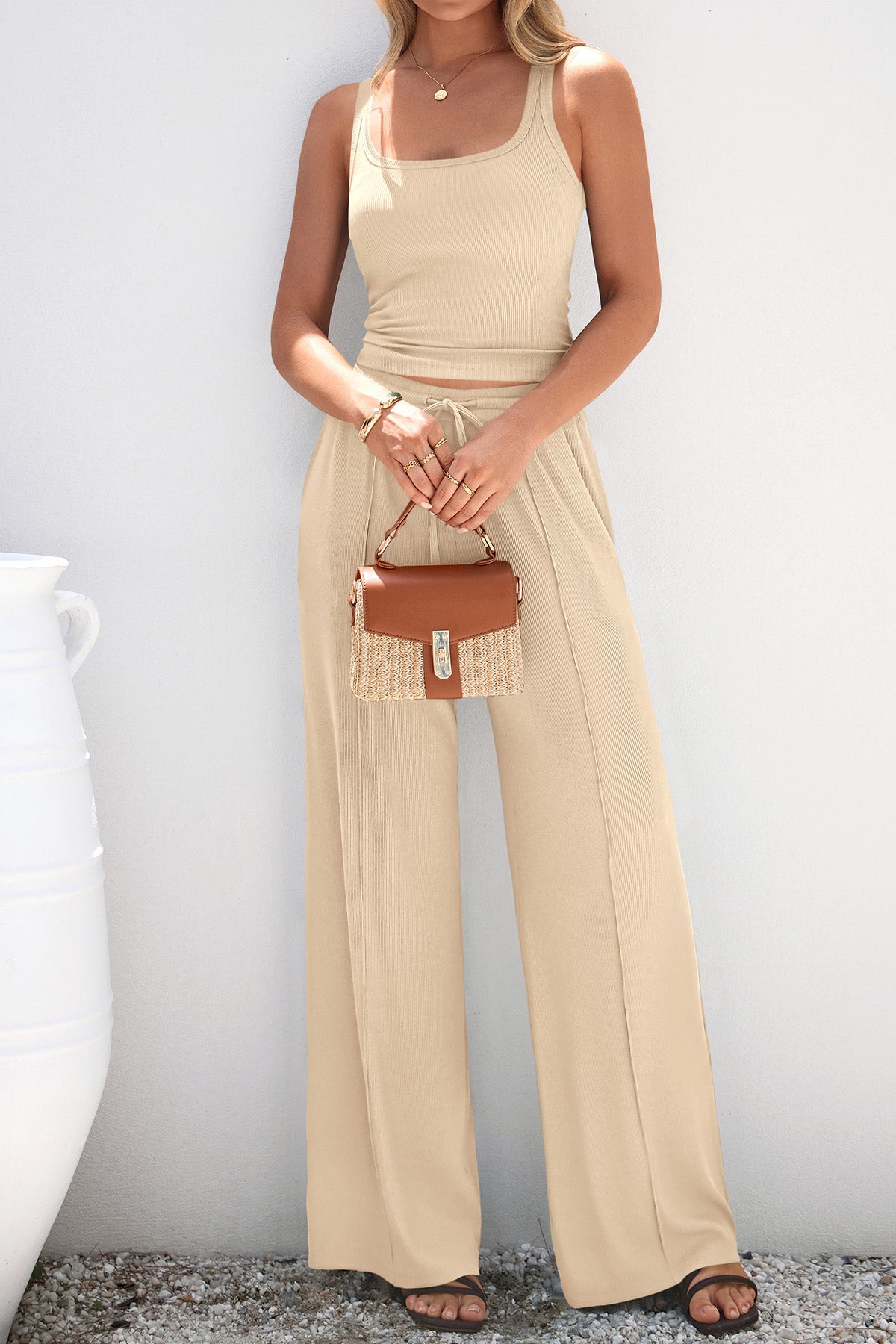 CFLONGE Summer Two Piece Sets for Women Casual Lounge Sets Tank Tops Wide Leg Pants Matching Set Travel Outfits Tracksuits