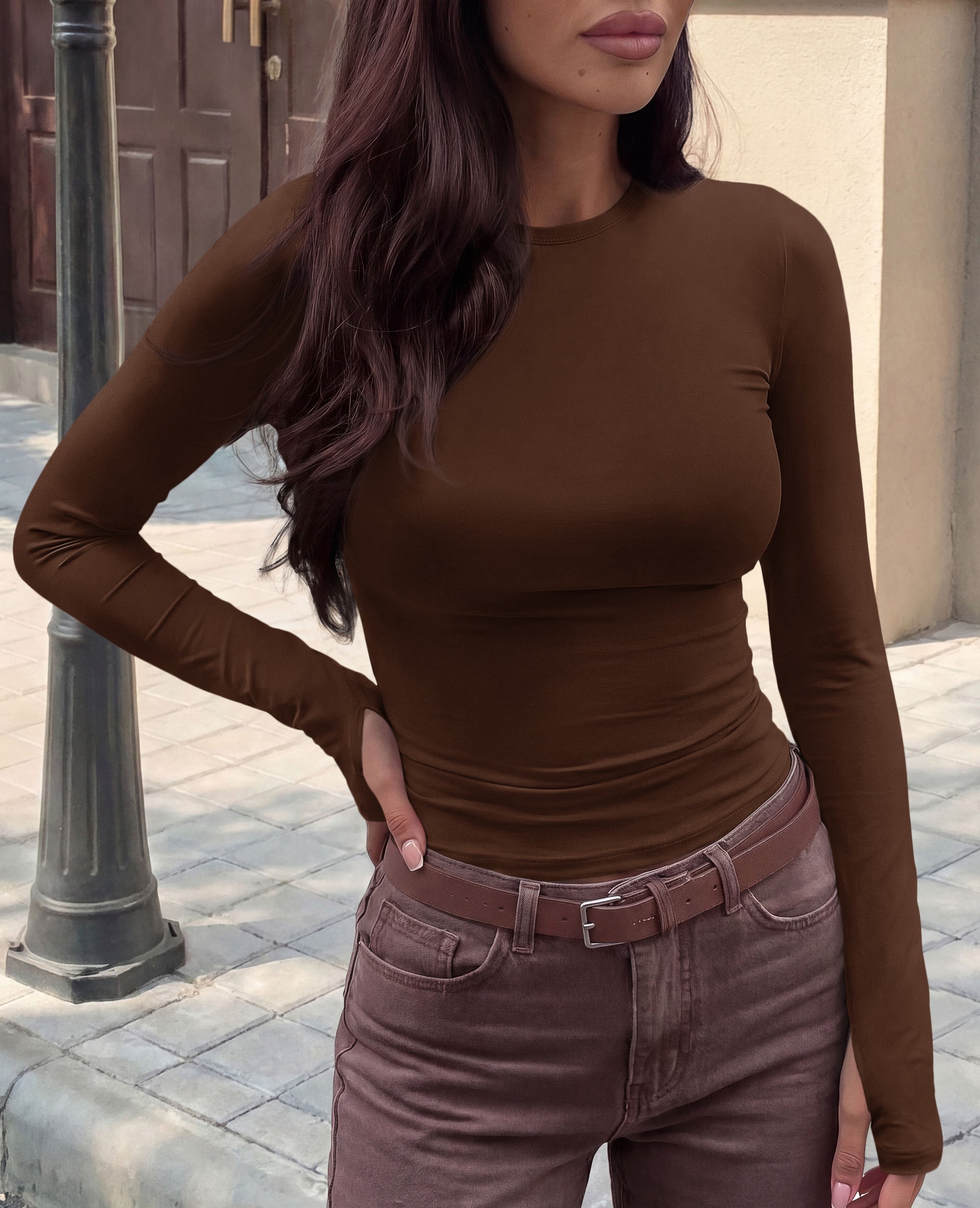 CFLONGE Womens Long Sleeve Shirts with Thumb Holes Slim Fitted Crop Tops Casual Crewneck Basic Tees Fall Fashion Y2K Clothes