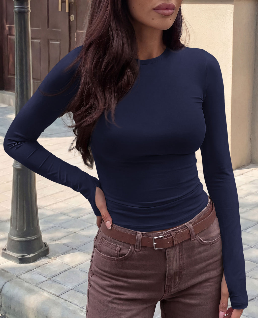CFLONGE Womens Long Sleeve Shirts with Thumb Holes Slim Fitted Crop Tops Casual Crewneck Basic Tees Fall Fashion Y2K Clothes