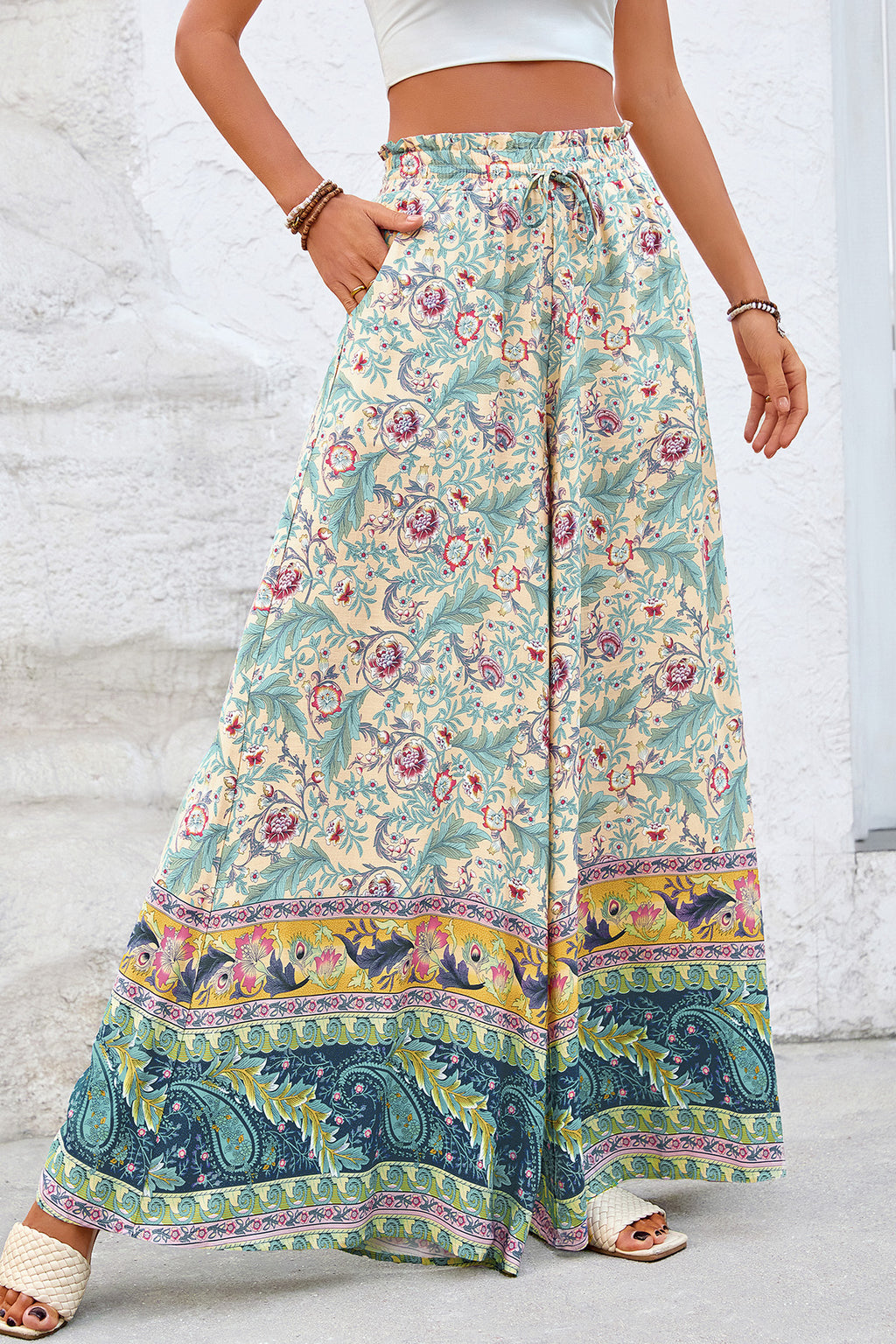 CFLONGE Women Wide Leg Pants Casual High Waist Floral Palazzo Pants for Women Flowy Trendy Lounge Boho Beach Trousers Pockets