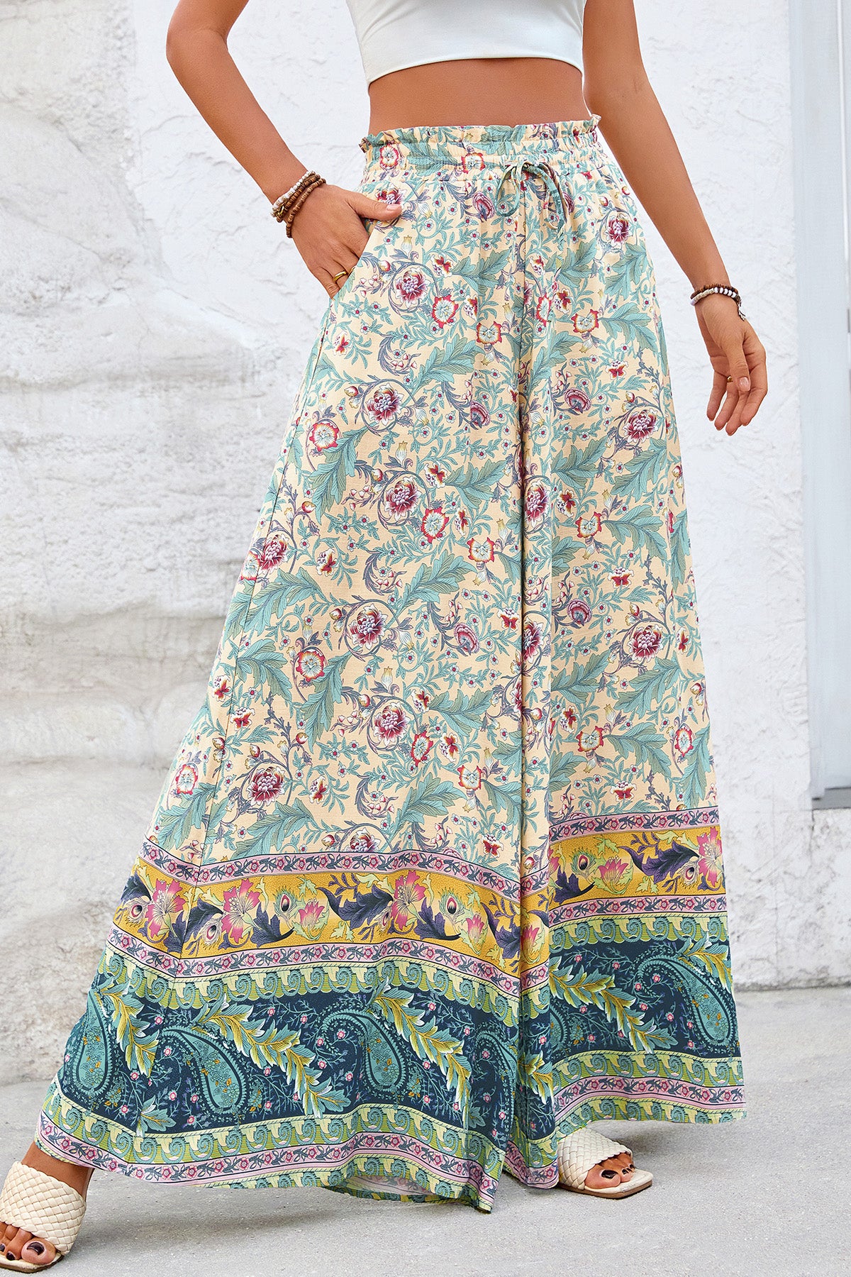 CFLONGE Women Wide Leg Pants Casual High Waist Floral Palazzo Pants for Women Flowy Trendy Lounge Boho Beach Trousers Pockets