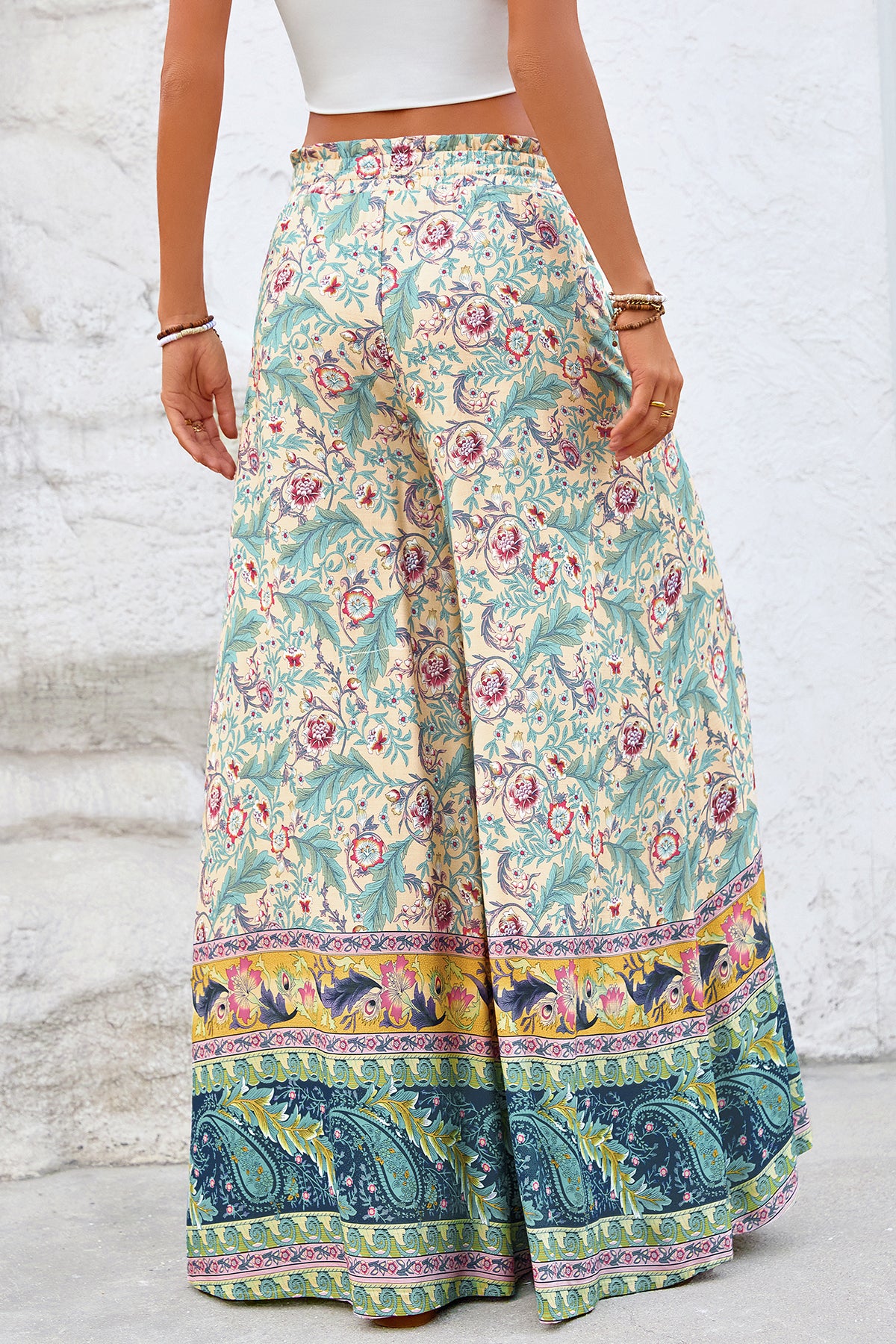CFLONGE Women Wide Leg Pants Casual High Waist Floral Palazzo Pants for Women Flowy Trendy Lounge Boho Beach Trousers Pockets