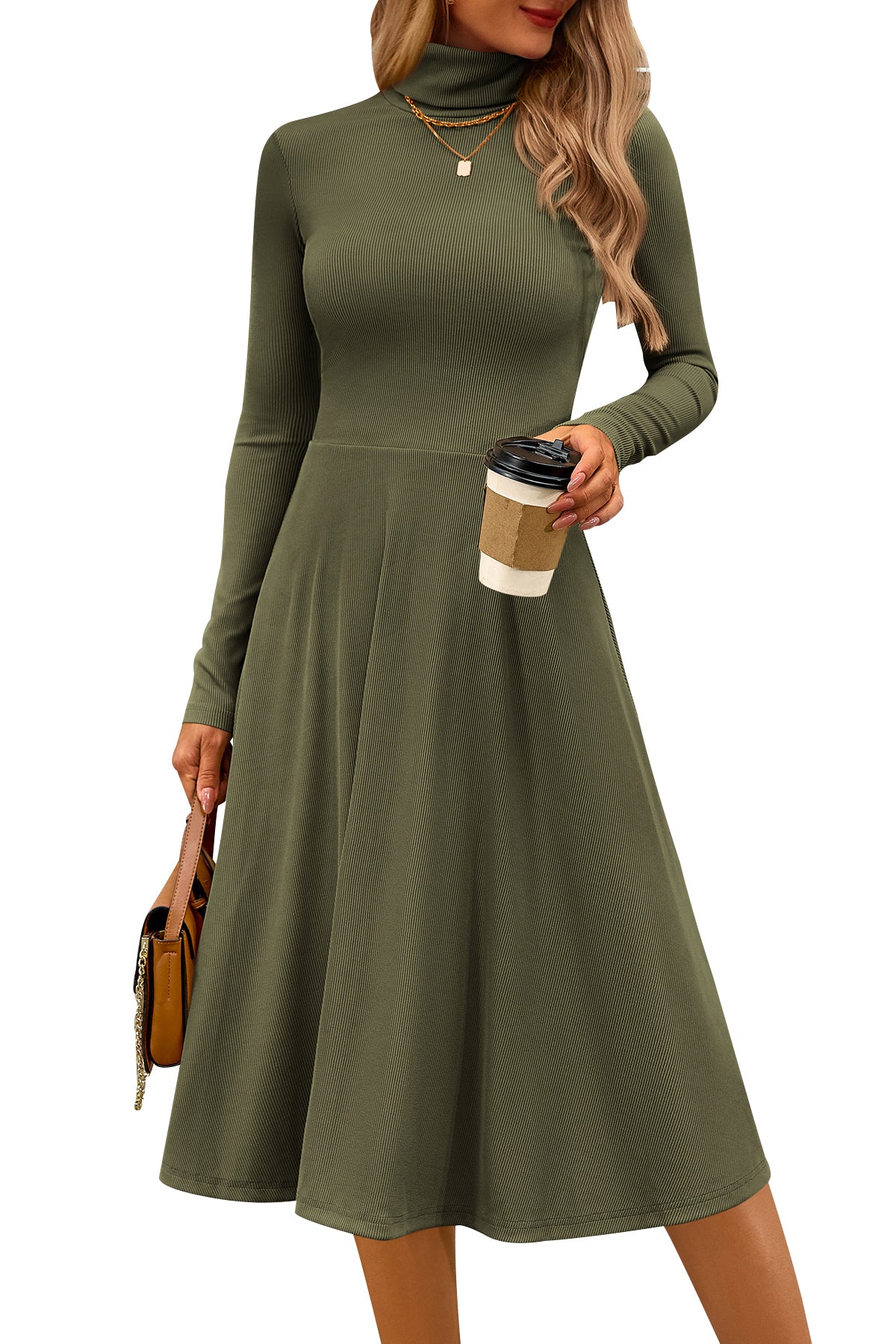 CFLONGE Women's Casual Ribbed Knit High Neck Dress Long Sleeve Fall Dress for Women 2026 Lightweight A Line Flare Dresses