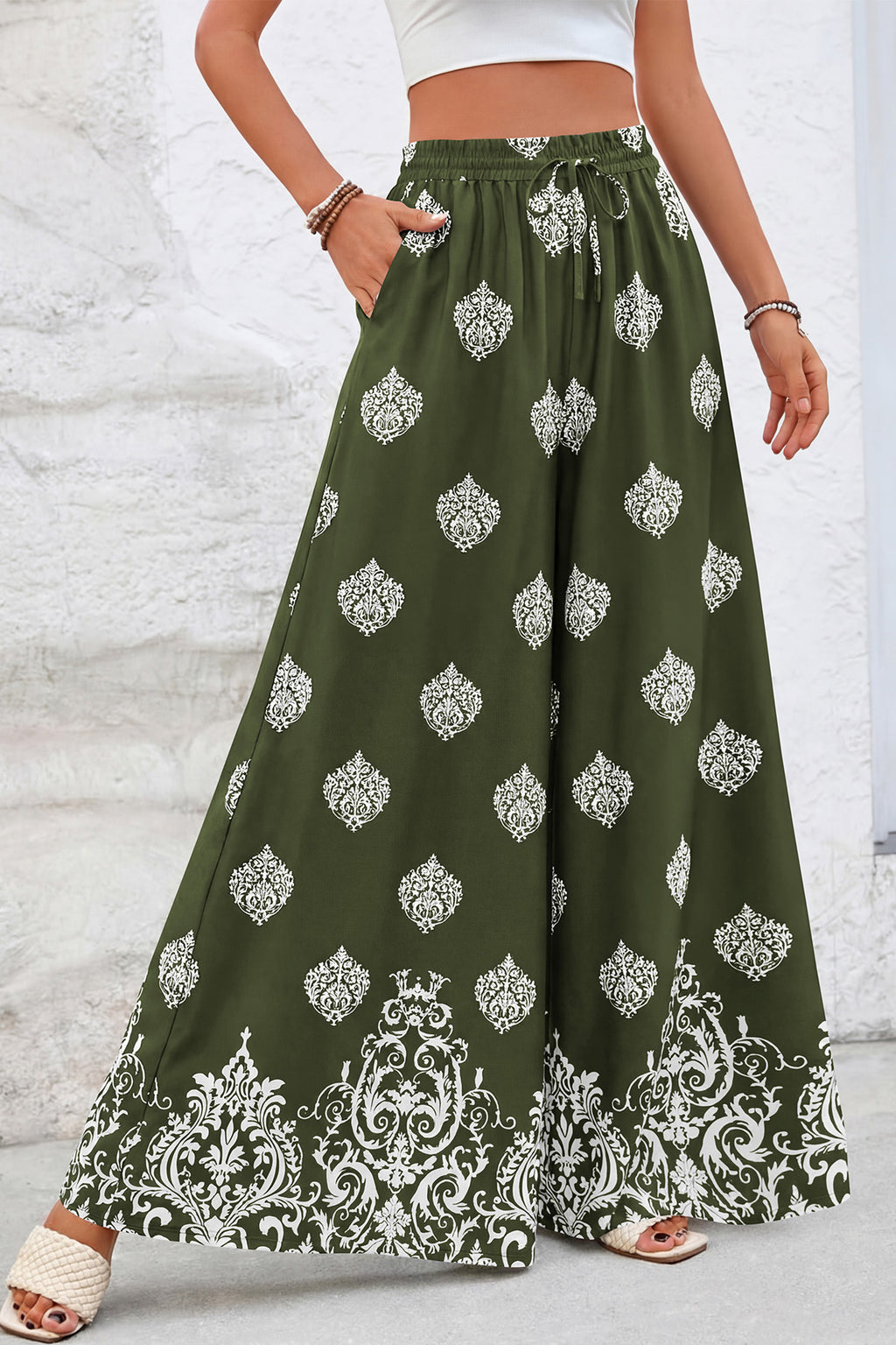 CFLONGE Women Wide Leg Pants Casual High Waist Floral Palazzo Pants for Women Flowy Trendy Lounge Boho Beach Trousers Pockets