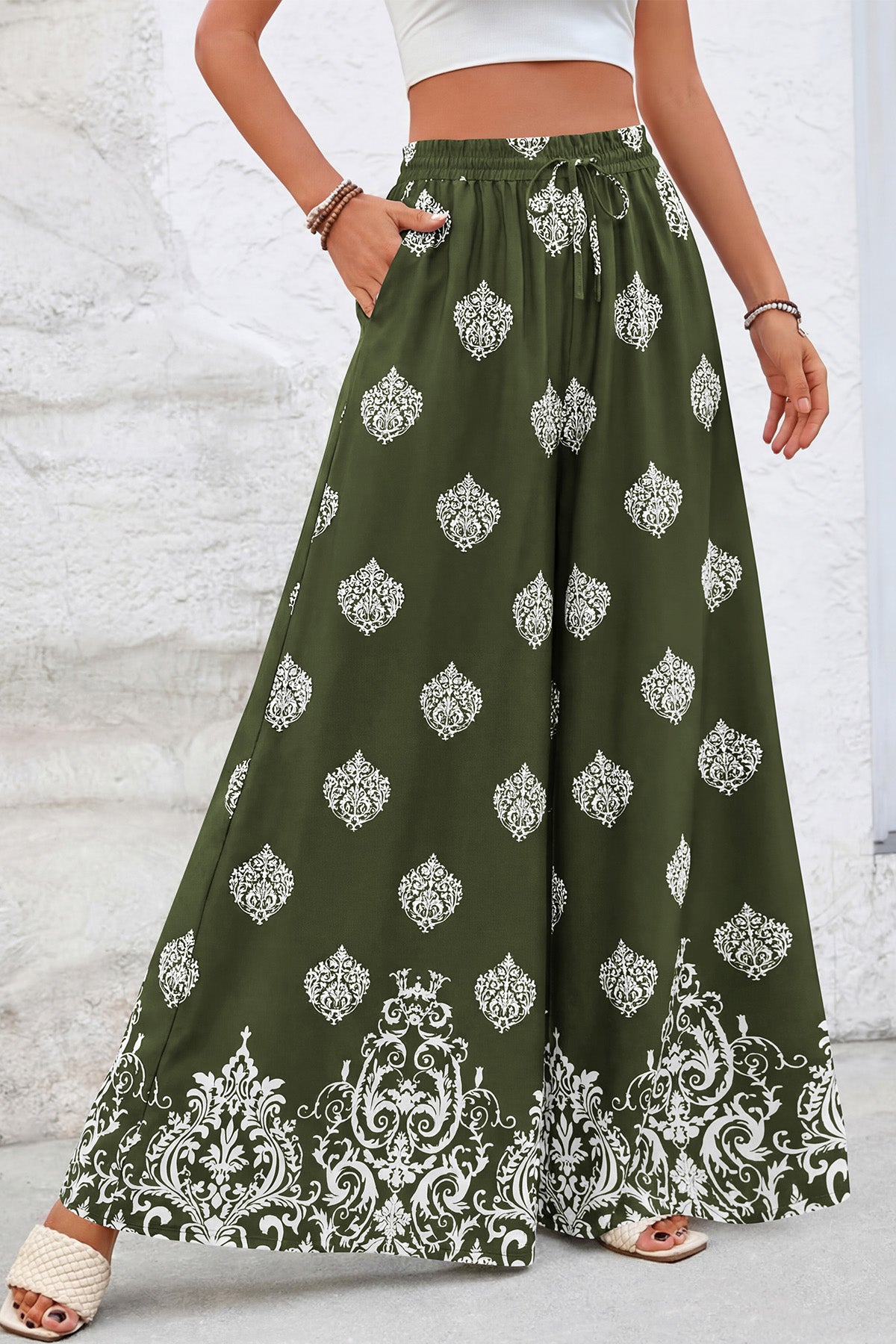 CFLONGE Women Wide Leg Pants Casual High Waist Floral Palazzo Pants for Women Flowy Trendy Lounge Boho Beach Trousers Pockets