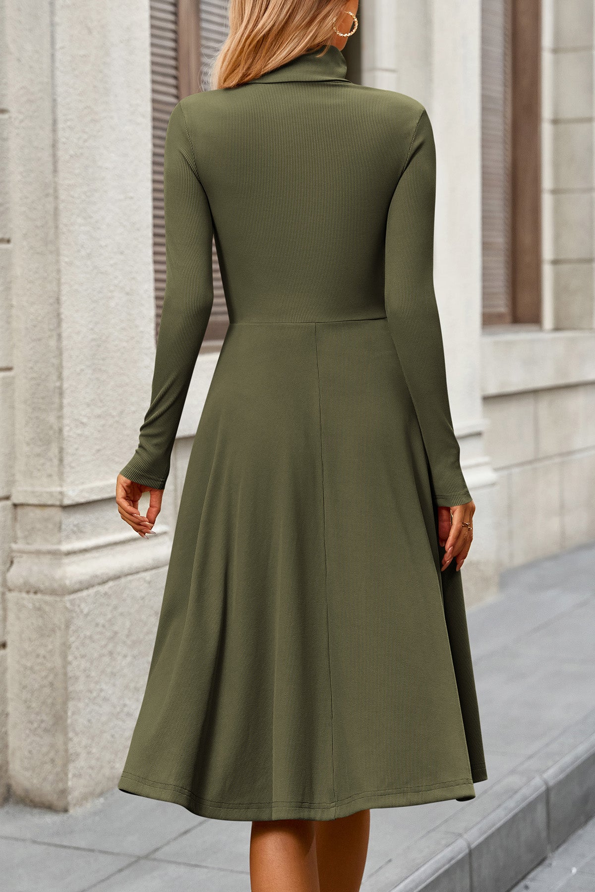 CFLONGE Women's Casual Ribbed Knit High Neck Dress Long Sleeve Fall Dress for Women 2026 Lightweight A Line Flare Dresses