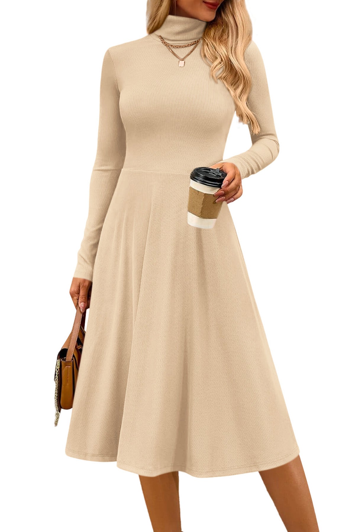 CFLONGE Women's Casual Ribbed Knit High Neck Dress Long Sleeve Fall Dress for Women 2026 Lightweight A Line Flare Dresses