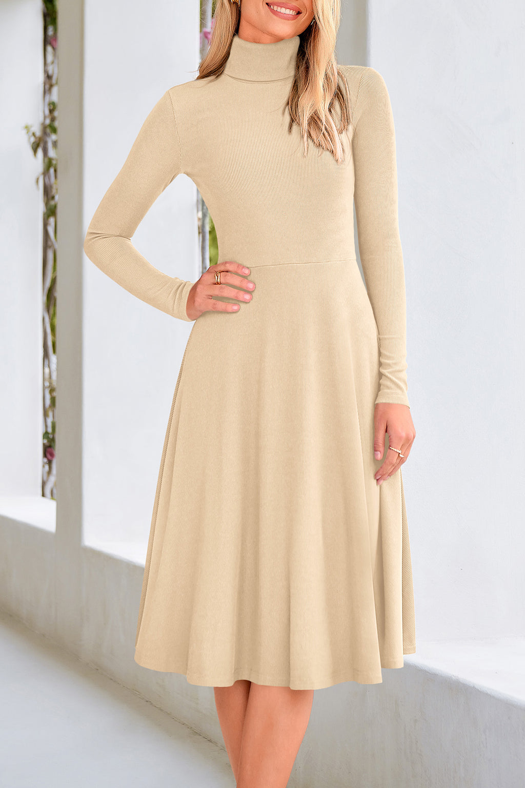 CFLONGE Women's Casual Ribbed Knit High Neck Dress Long Sleeve Fall Dress for Women 2026 Lightweight A Line Flare Dresses