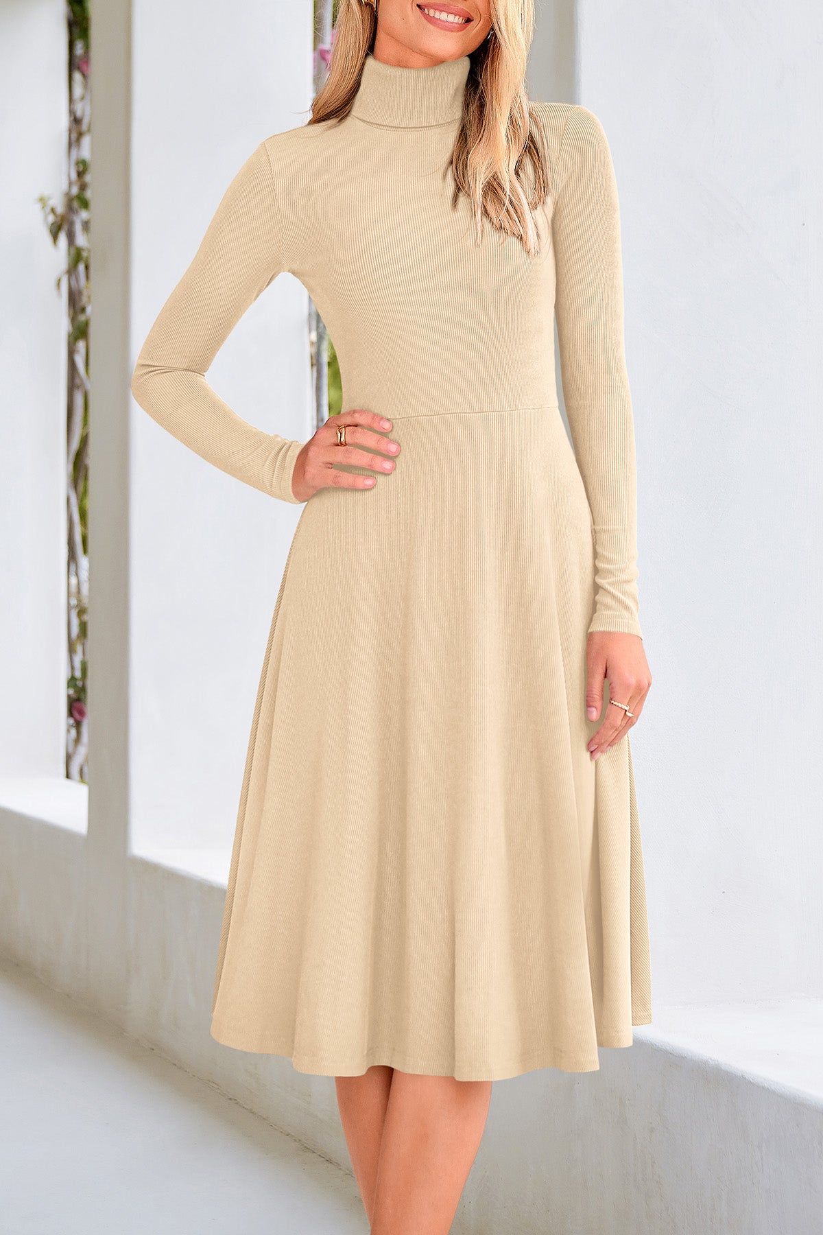 CFLONGE Women's Casual Ribbed Knit High Neck Dress Long Sleeve Fall Dress for Women 2026 Lightweight A Line Flare Dresses