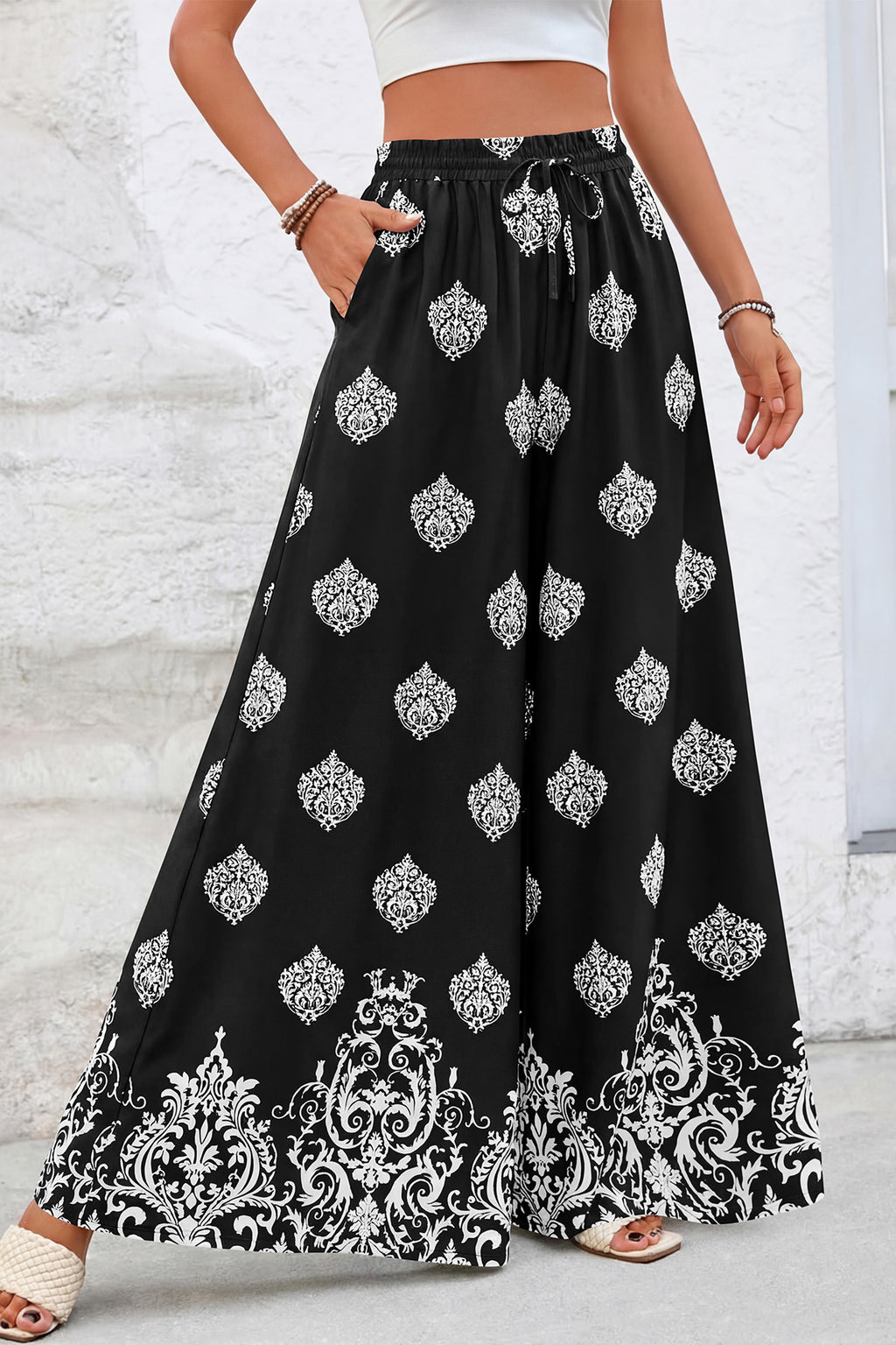 CFLONGE Women Wide Leg Pants Casual High Waist Floral Palazzo Pants for Women Flowy Trendy Lounge Boho Beach Trousers Pockets