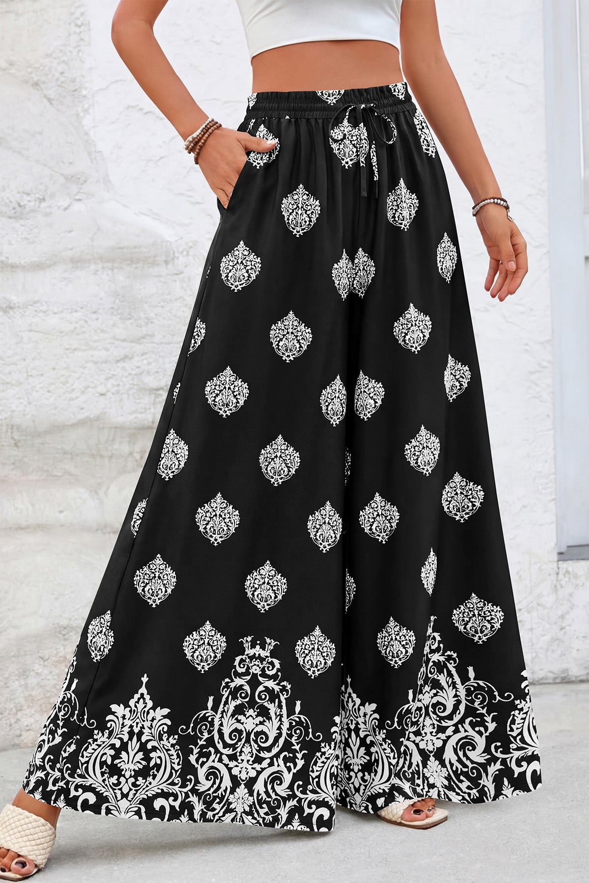 CFLONGE Women Wide Leg Pants Casual High Waist Floral Palazzo Pants for Women Flowy Trendy Lounge Boho Beach Trousers Pockets
