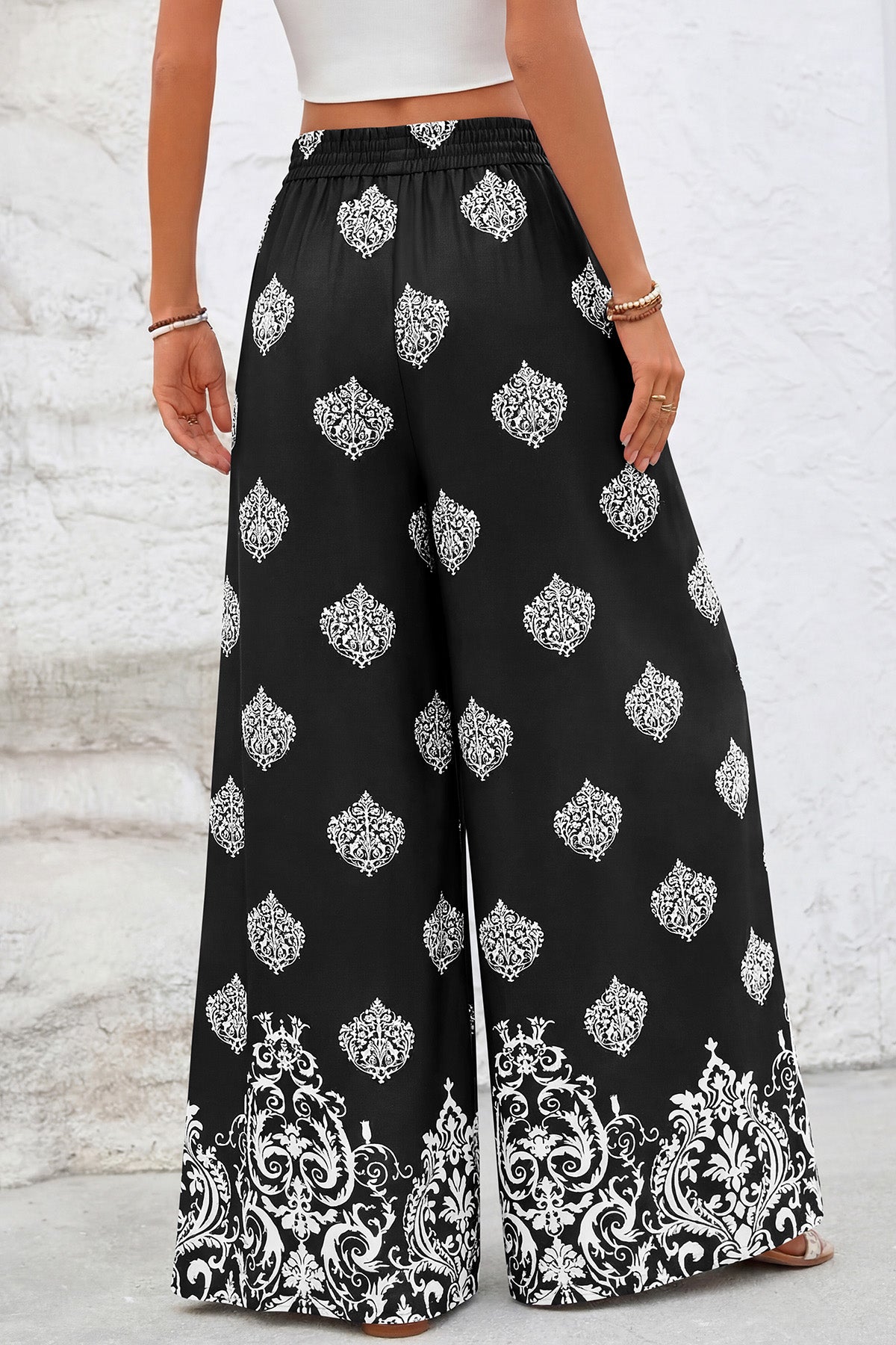 CFLONGE Women Wide Leg Pants Casual High Waist Floral Palazzo Pants for Women Flowy Trendy Lounge Boho Beach Trousers Pockets