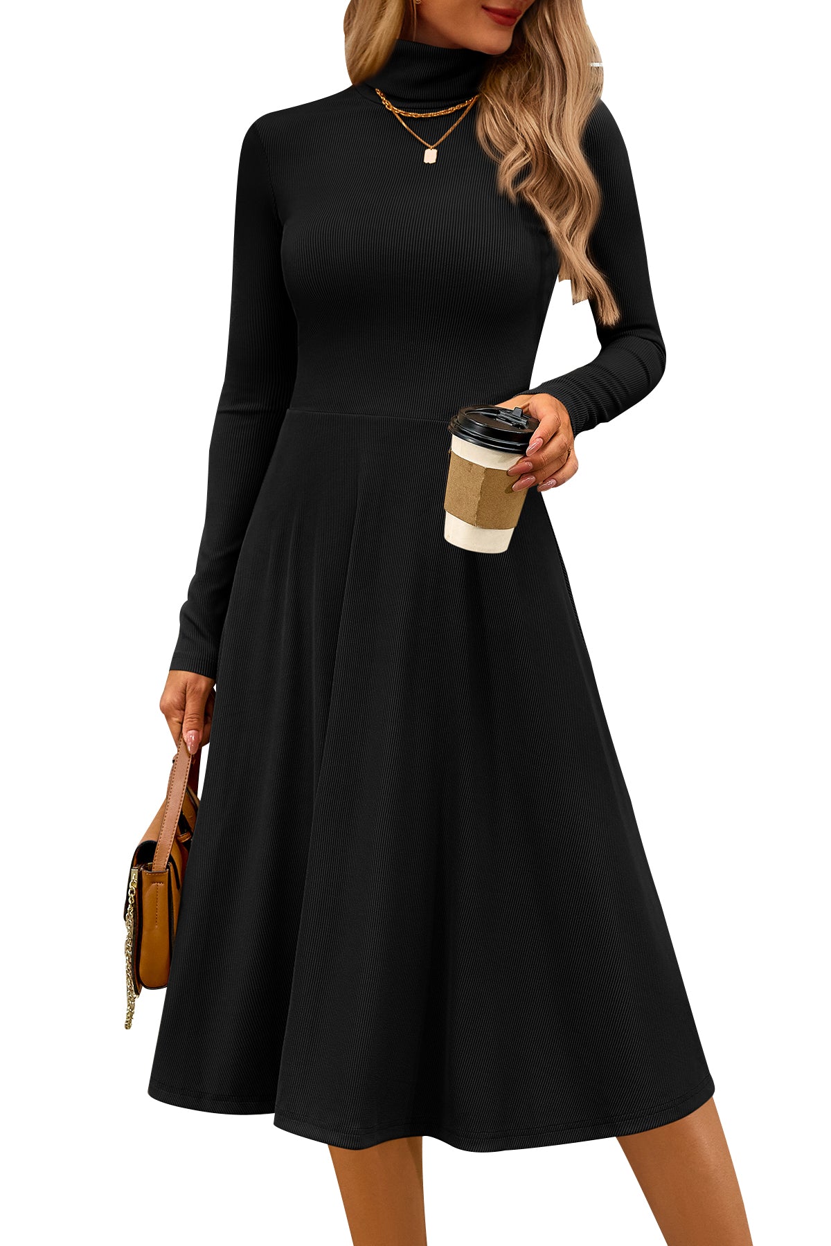 CFLONGE Women's Casual Ribbed Knit High Neck Dress Long Sleeve Fall Dress for Women 2026 Lightweight A Line Flare Dresses