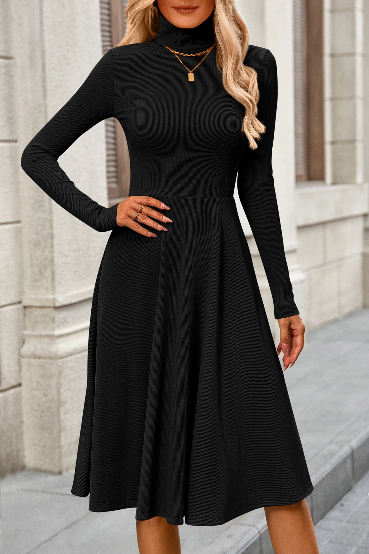CFLONGE Women's Casual Ribbed Knit High Neck Dress Long Sleeve Fall Dress for Women 2026 Lightweight A Line Flare Dresses