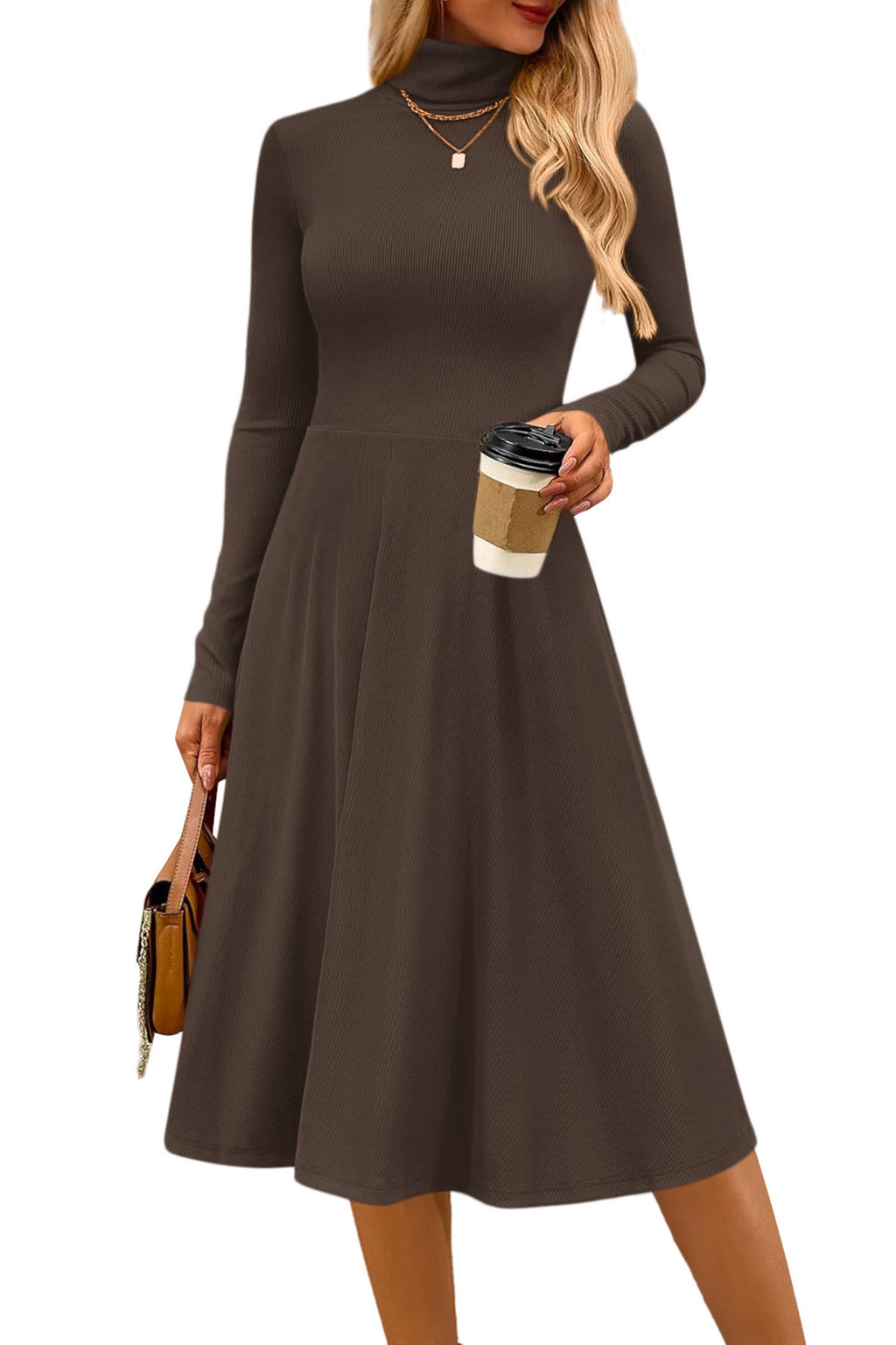 CFLONGE Women's Casual Ribbed Knit High Neck Dress Long Sleeve Fall Dress for Women 2026 Lightweight A Line Flare Dresses