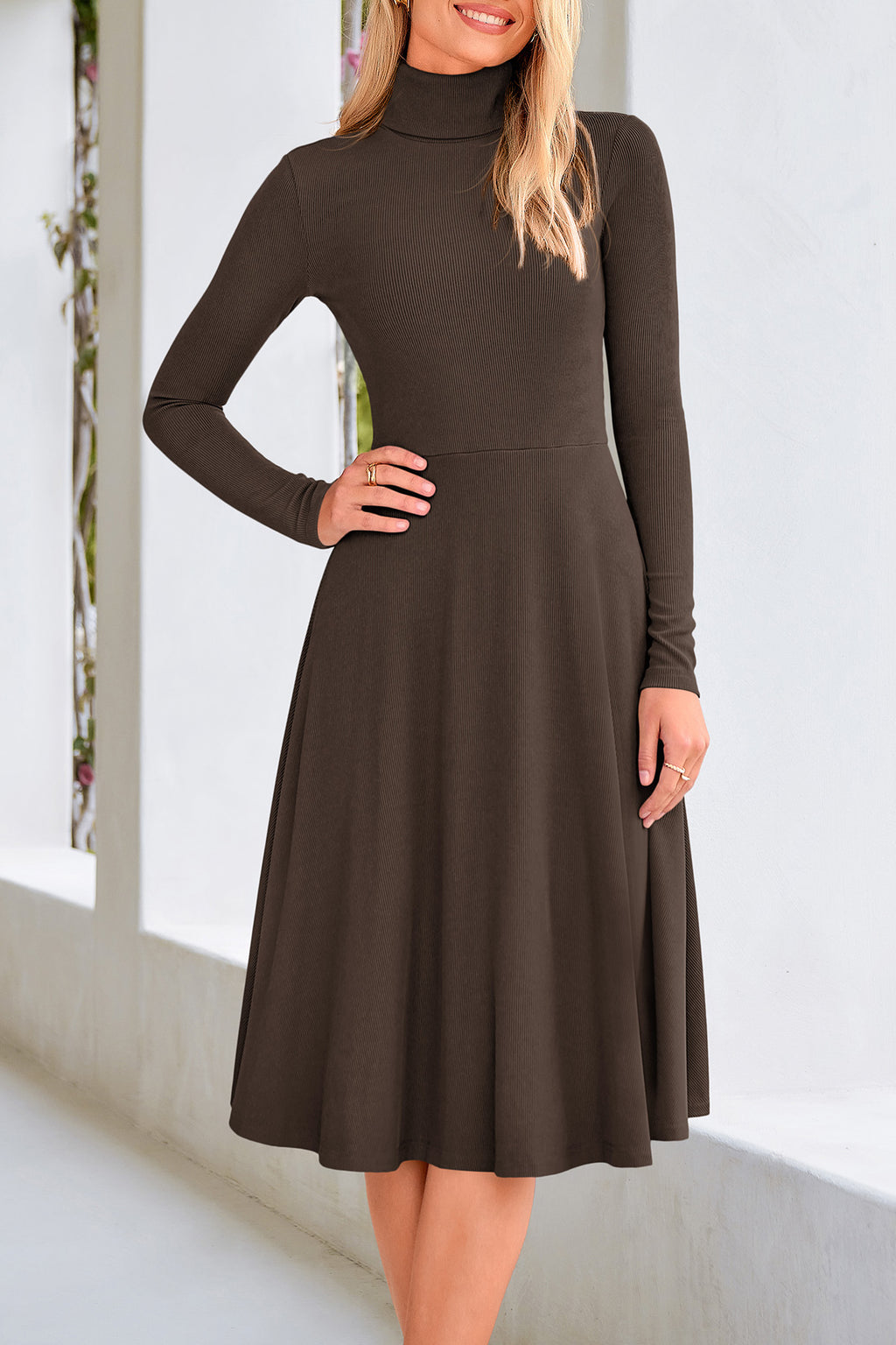 CFLONGE Women's Casual Ribbed Knit High Neck Dress Long Sleeve Fall Dress for Women 2026 Lightweight A Line Flare Dresses