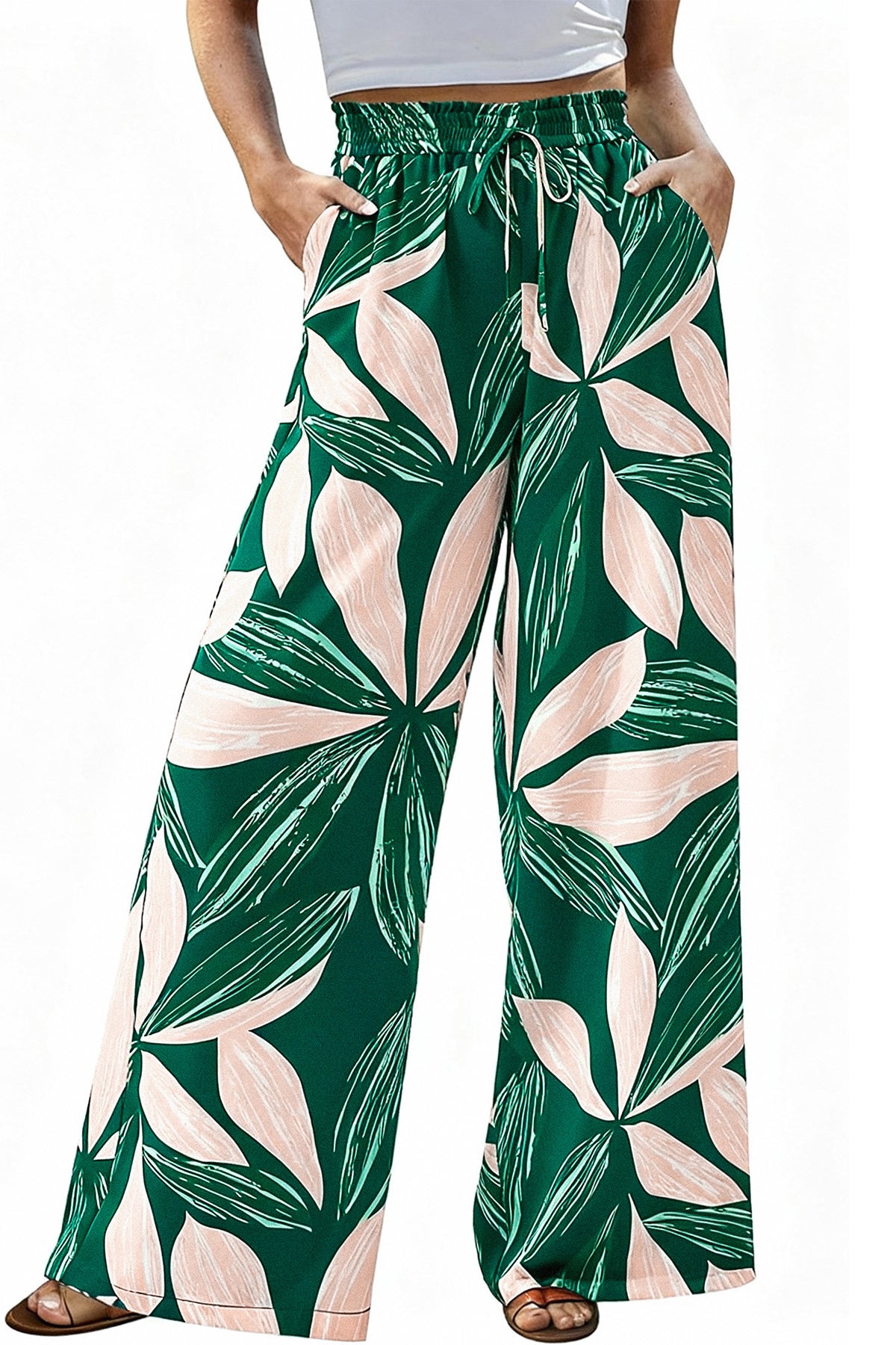 CFLONGE Palazzo Pants for Women Casual 2025 Summer High Waist Floral Wide Leg Pant Trendy Boho Trousers Fashion Beach Outfits