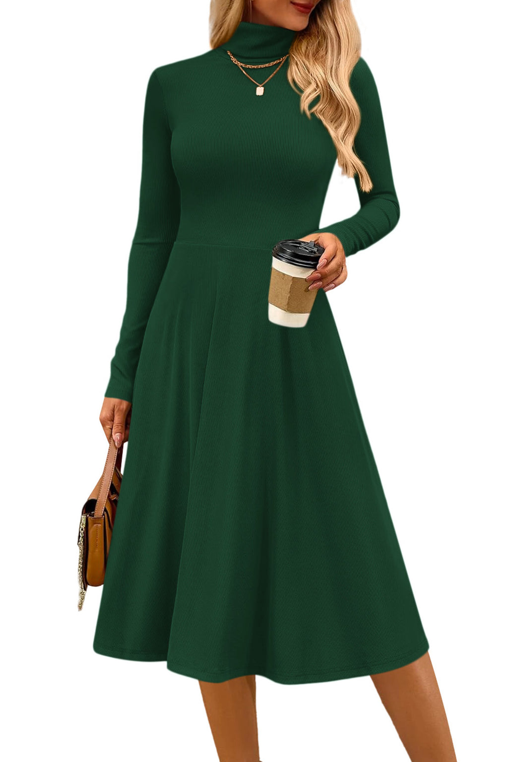 CFLONGE Women's Casual Ribbed Knit High Neck Dress Long Sleeve Fall Dress for Women 2026 Lightweight A Line Flare Dresses