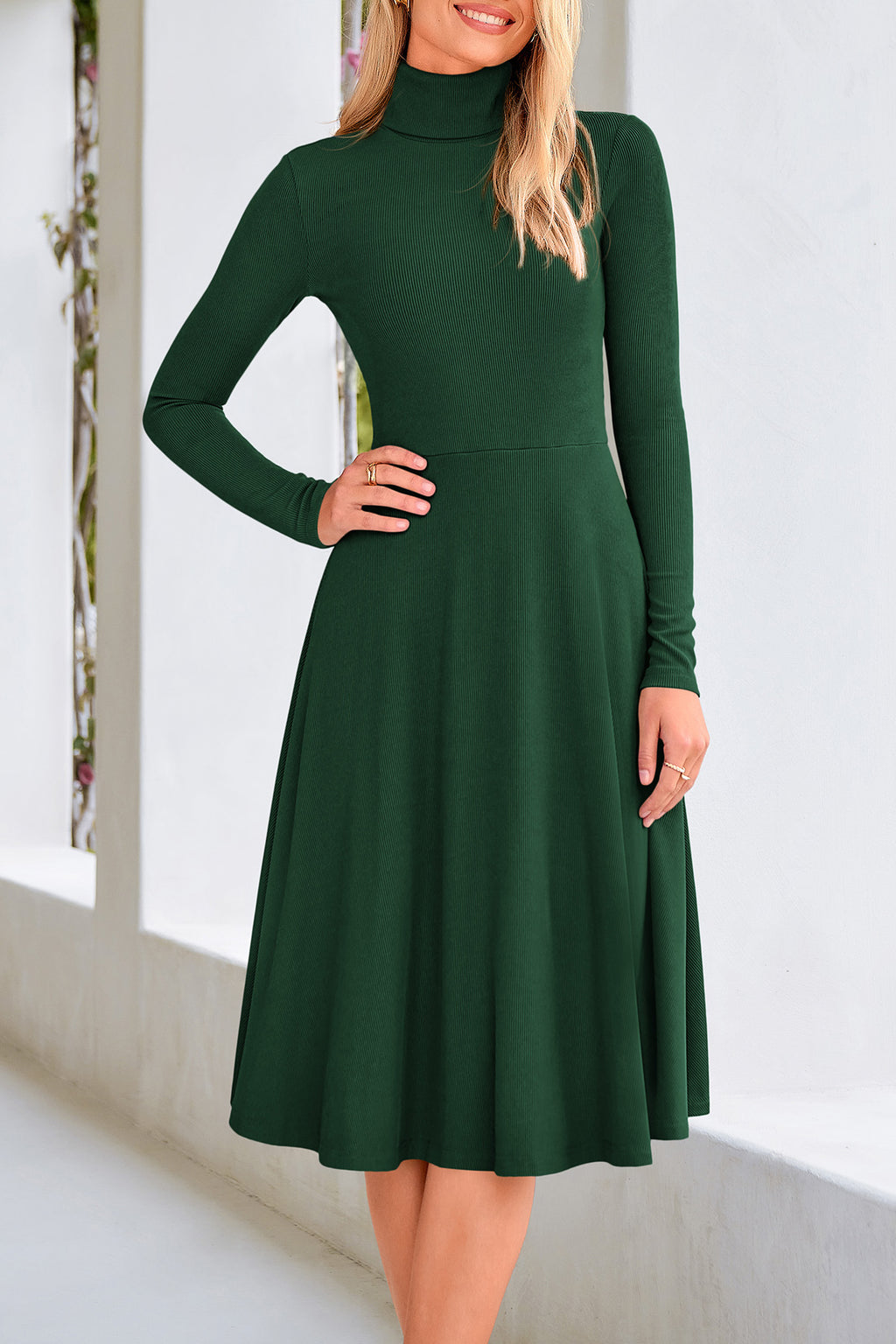 CFLONGE Women's Casual Ribbed Knit High Neck Dress Long Sleeve Fall Dress for Women 2026 Lightweight A Line Flare Dresses