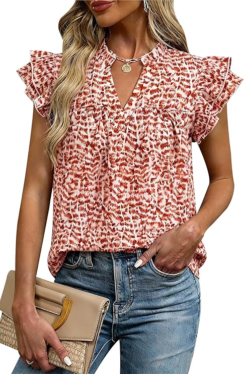 CFLONGE Womens Blouses Dressy Casual V Neck Floral Short Sleeve Tops Boho Chiffon Ruffle Loose Business Summer Work Shirts